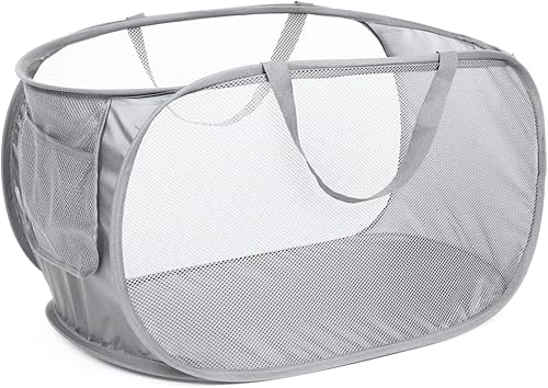 Cestas de lavandería plegables duraderas, cesta de lavandería desplegable de malla con bolsillo práctico, cesta plegable de gran espacio con asas de