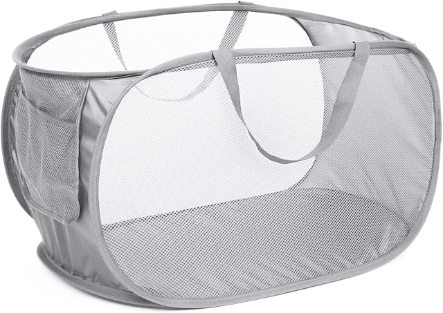 Diggoour Durable Collapsible Laundry Baskets, Mesh Pop Up Laundry Hamper with Handy Pocket, Foldable Clothes Hamper with Reinforced Carry Handles for Laundry, Bathroom, Kids Room or Travel Grey