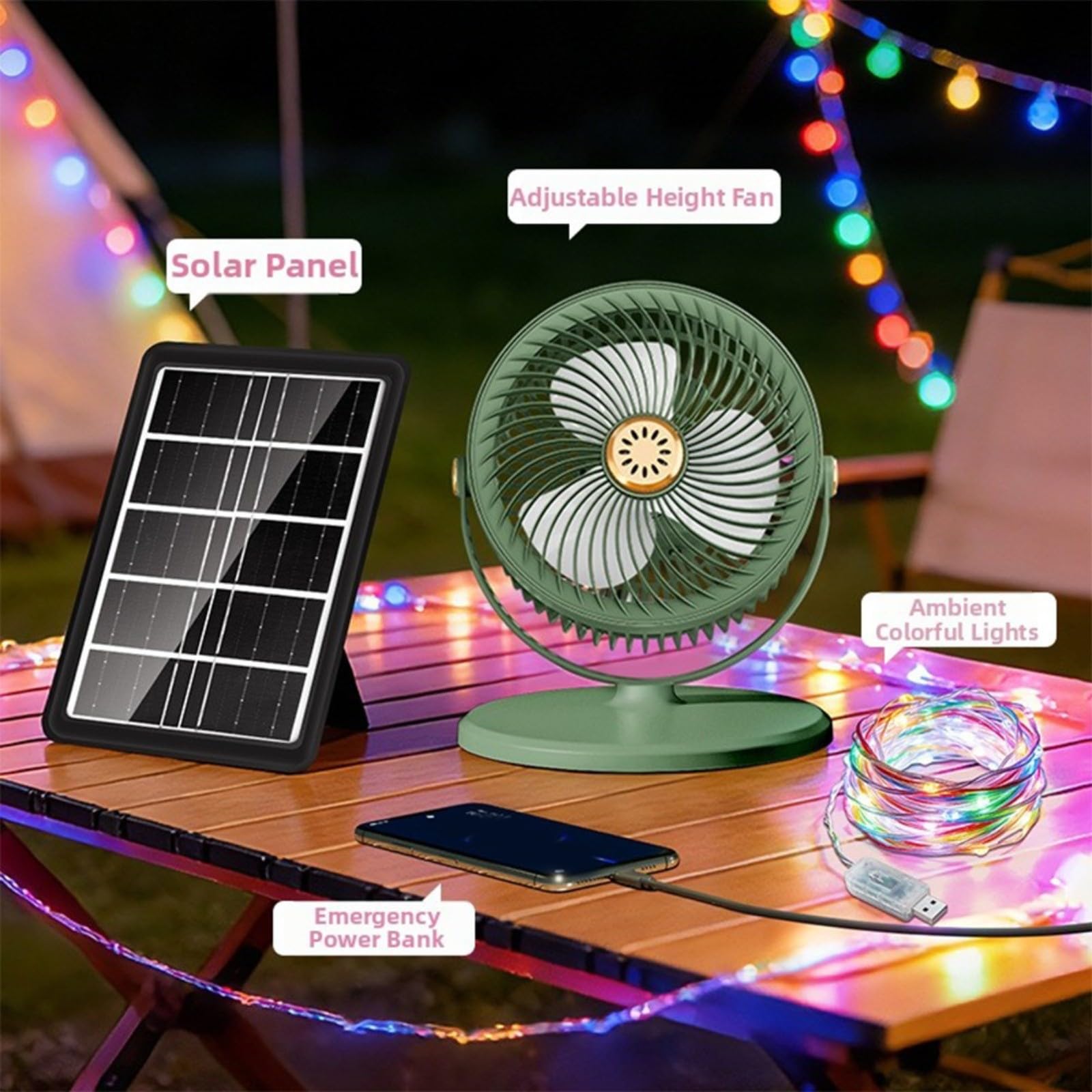 Ventilatore da terra ricaricabile a energia solare, 5 velocità, inclinazione a 360 gradi, 4000 mAh, LED RGB per esterni e casa (nero)