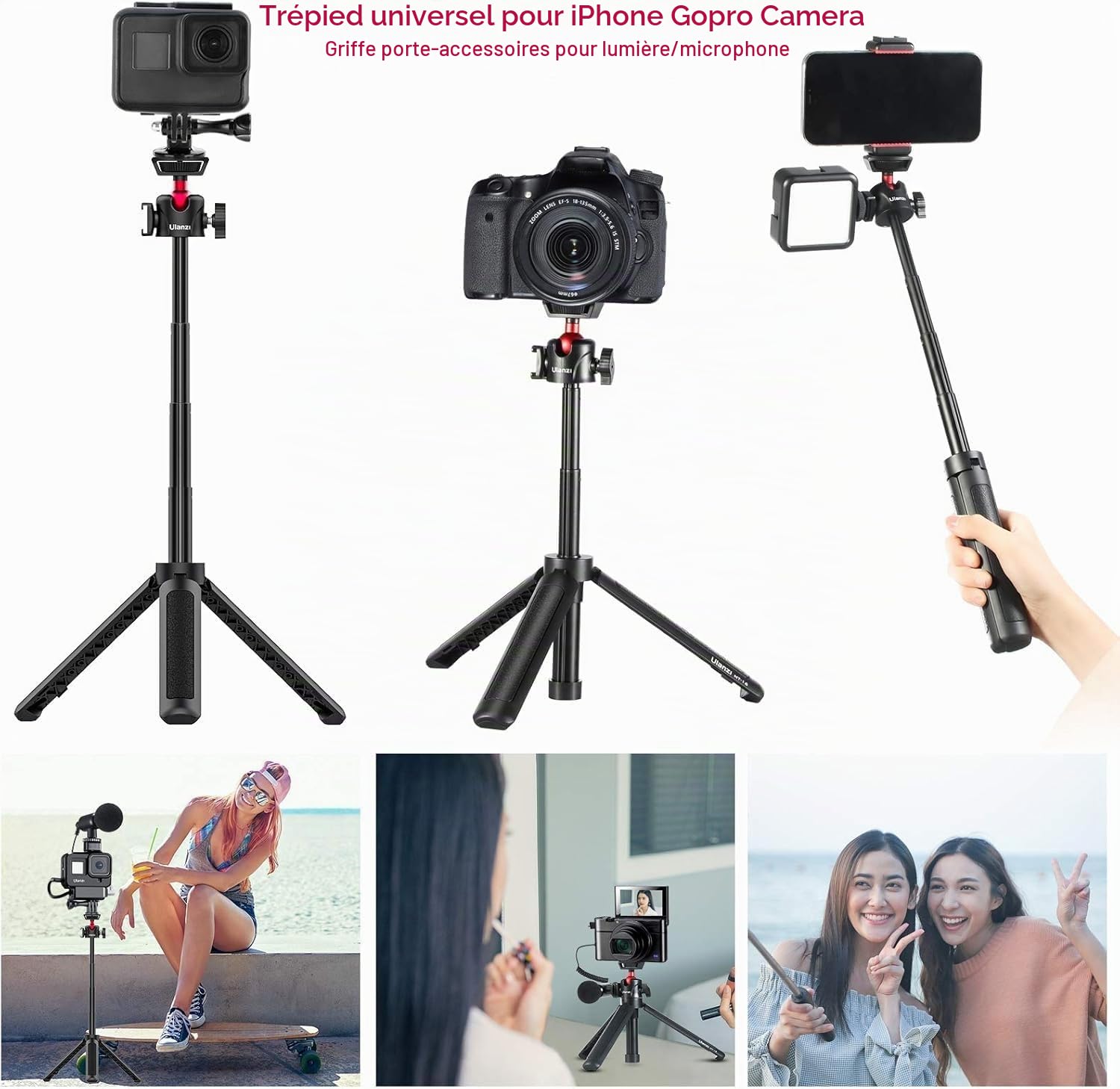 Mini trépied pour appareil photo, ULANZI MT-16 trépied pour vlogging avec tête sphérique 360°, 1/4 vis Cold Shoe Mount, mini trépied extensible de 22 cm à 44 cm, petit trépied pour appareil photo DSLR
