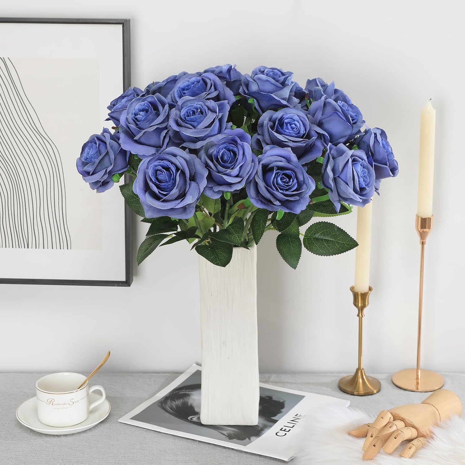 Tifuly Dusty Blue Roses Artificial Flowers - 12 Pcs Long Stem Silk Roses, Realistic Fake Roses with Stem for Bridal Bouquets, Home and Office Decor - Image 7