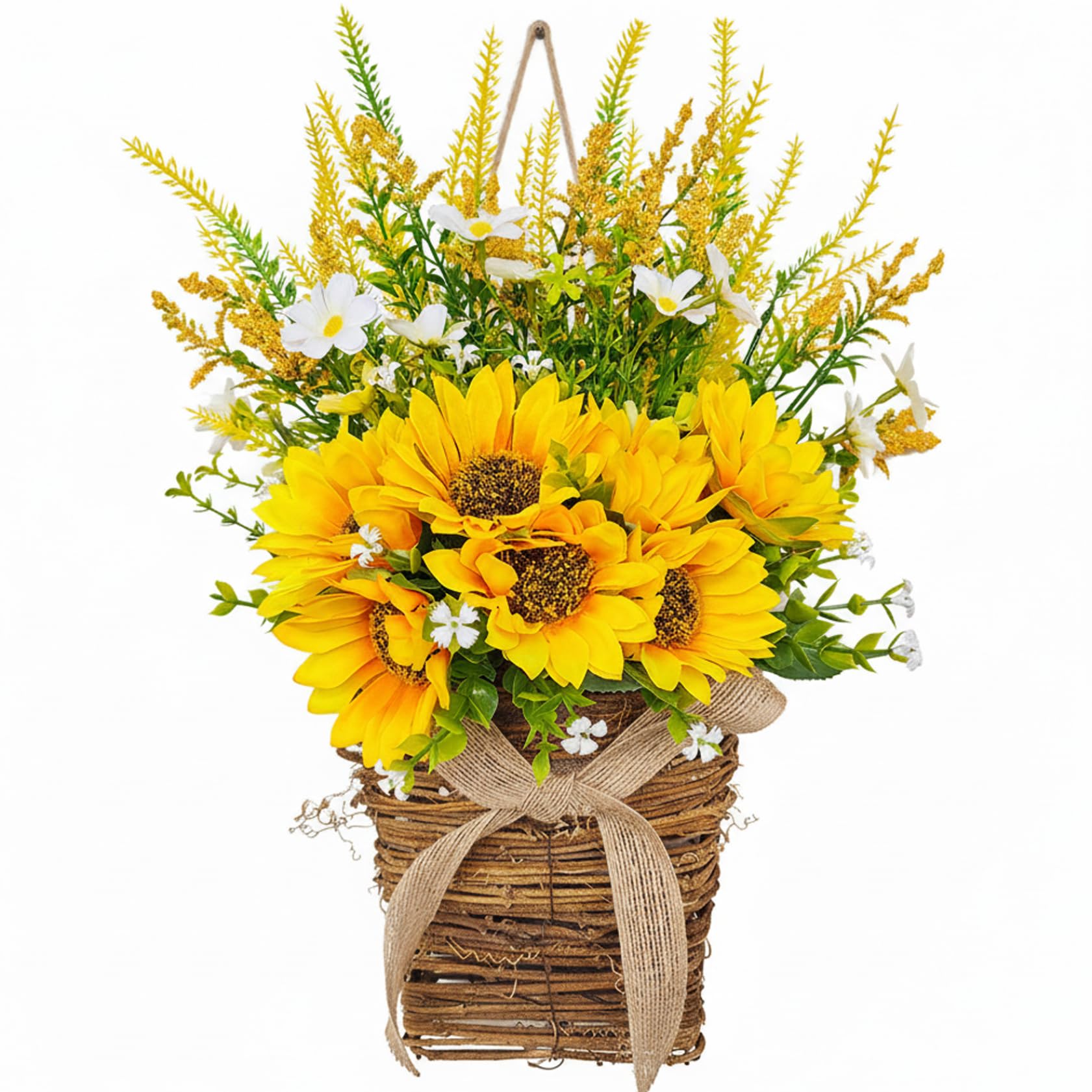 Ameble Basket Wreath for Front Door Spring Wreath with Sunflowers and Burlap Bow Yellow Farmhouse Indoor Outdoor Wall Decor (32cm/12.6in)