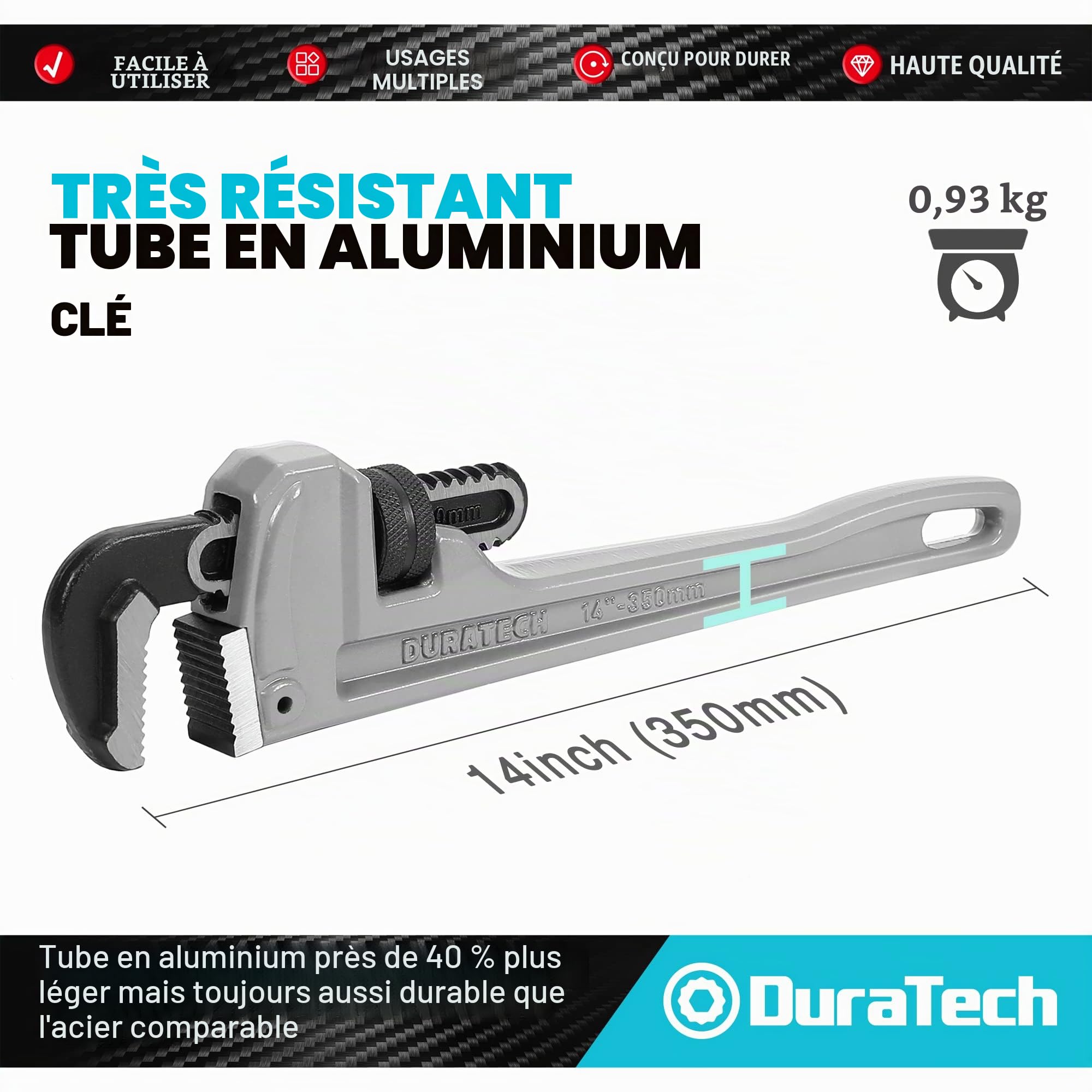 DURATECH Clé Serre-Tubes Droite en Aluminium Robuste 350 mm, Clé à Griffe pour Réparation de Plomberie