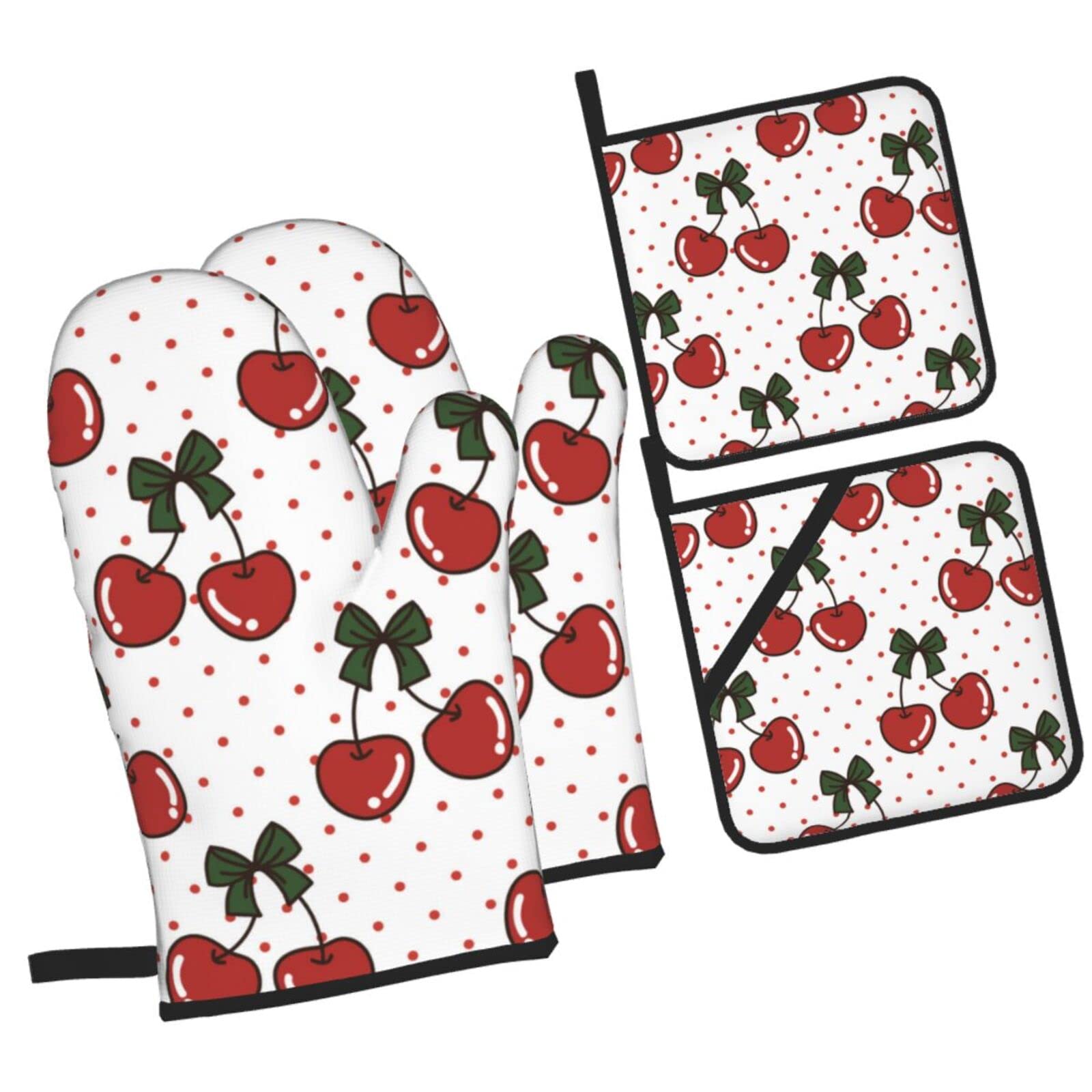 Christmas Cherries Oven Mitts and Pot Holders Sets, Christmas Oven Mitt Kitchen Heat Resistant Non-Slip Pot Holders Set for Cooking Baking BBQ