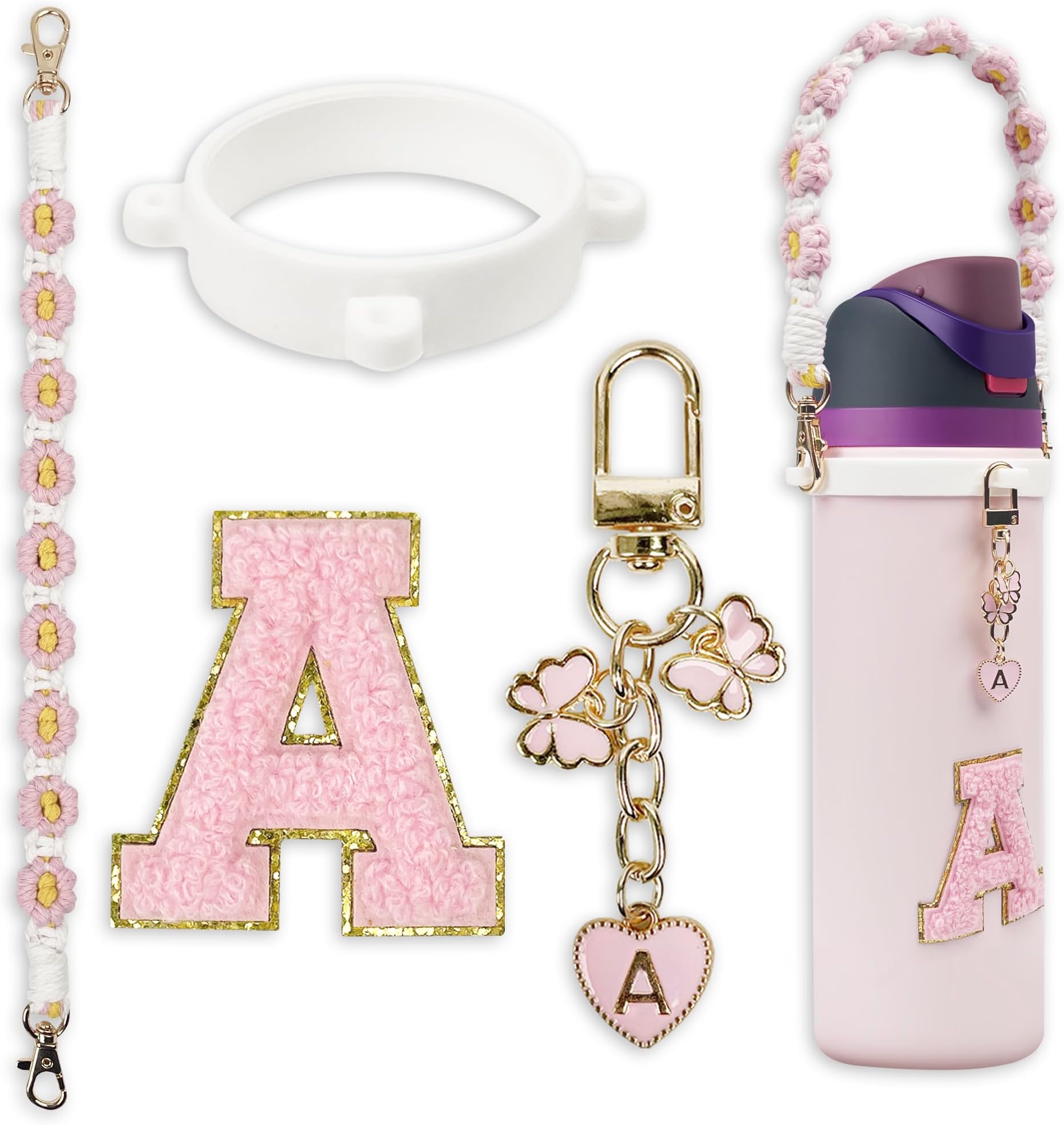 Compatible with Owala Water Bottle Accessories, Cute Letter Charm Set with Boho Handle Strap, Monogram Sticker, Silicone Ring, Keychain Decoration, for FreeSip 24 32 40oz, Owala Kids, Tumbler Gift