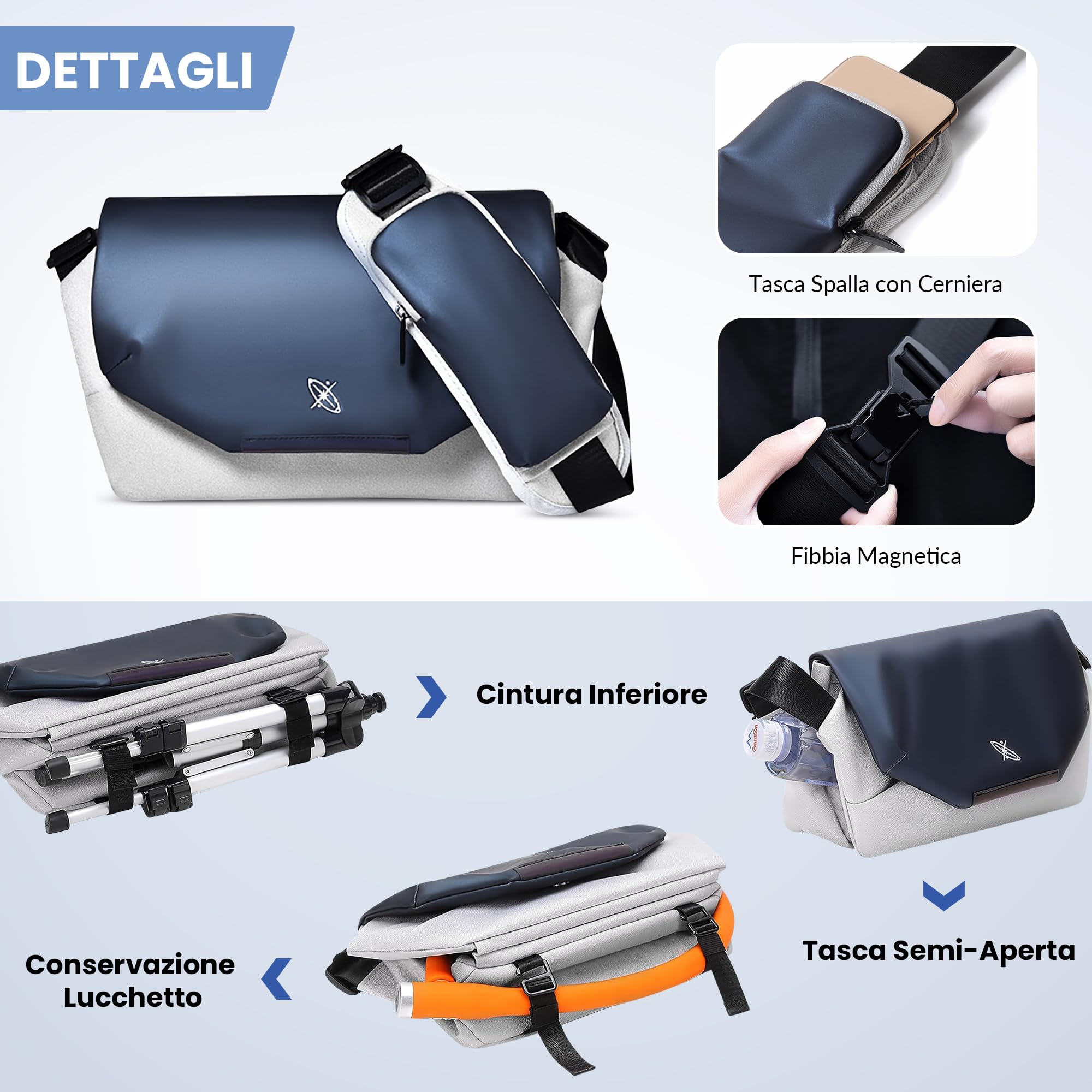 VARLIVOO Borsa a Tracolla Uomo Impermeabile in Nylon Borsa a Spalla con Supporto per Treppiede Borsa Messenger Sacchetto Uomo per Lavoro Scuola Viaggio Nero B