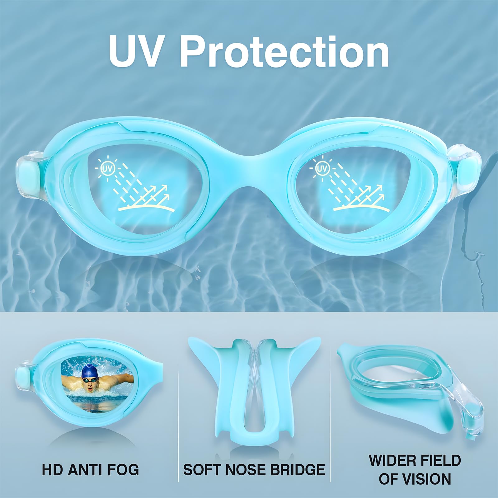 Atlodas Swim Goggles for Kids 6-14, Anti-Fog UV Protection Pool Glasses Swim Glasses for Children Teens With Case (Rose Red)
