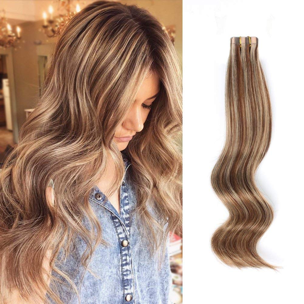 ABH AmazingBeauty Hair Remy Tape in Hair Extensions, Sunkissed Human Hair Highlights Skin Weft, Invisible, Seamless, Light Chocolate Brown with Dark Dirty Blonde P4-12, 50g 20pcs 20Inch