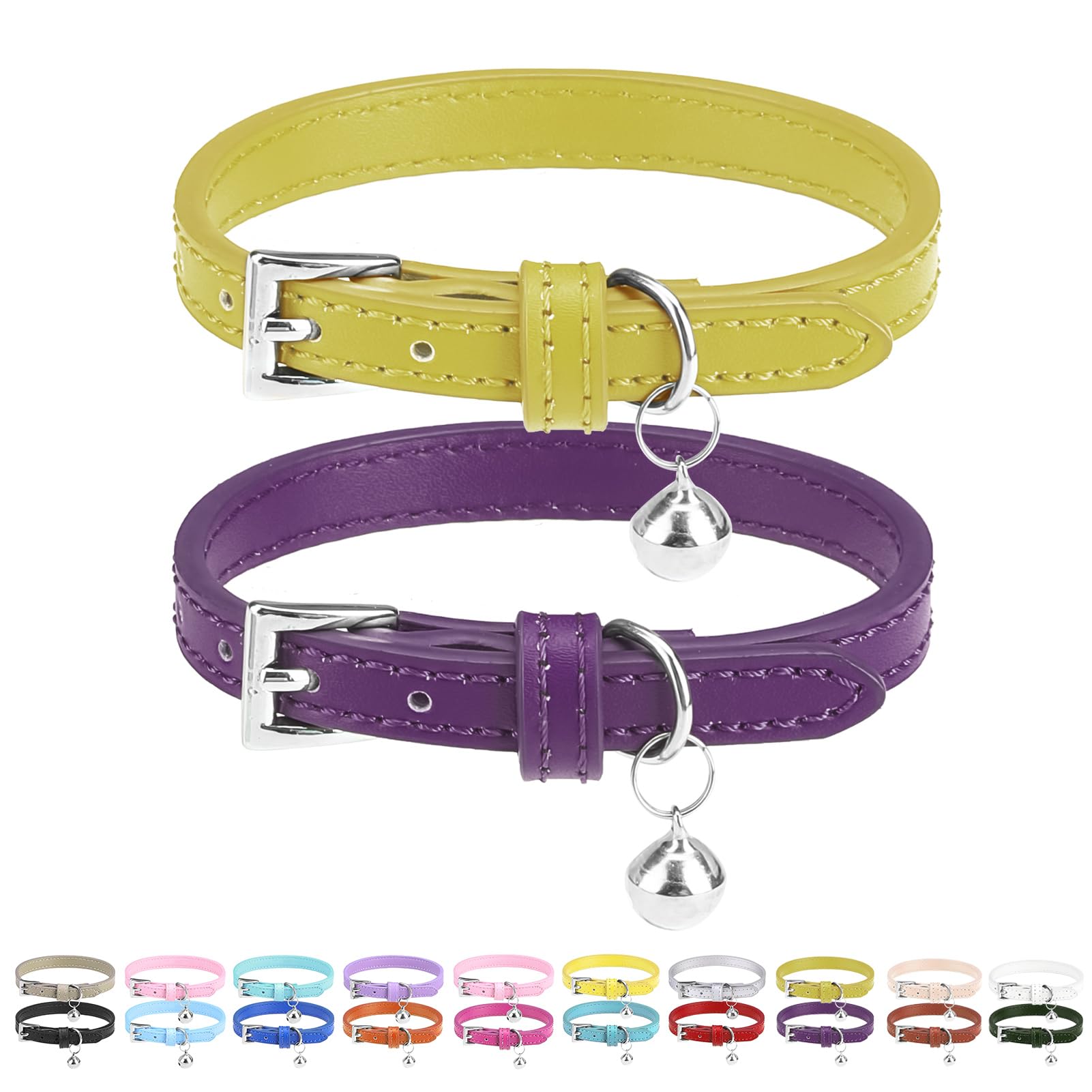 PUPTECK 2 PCS Soft Leather Cat Kitten Collar with Bells Adjustable for Girl Boy Cats Puppy - Yellow Green, Deep Purple