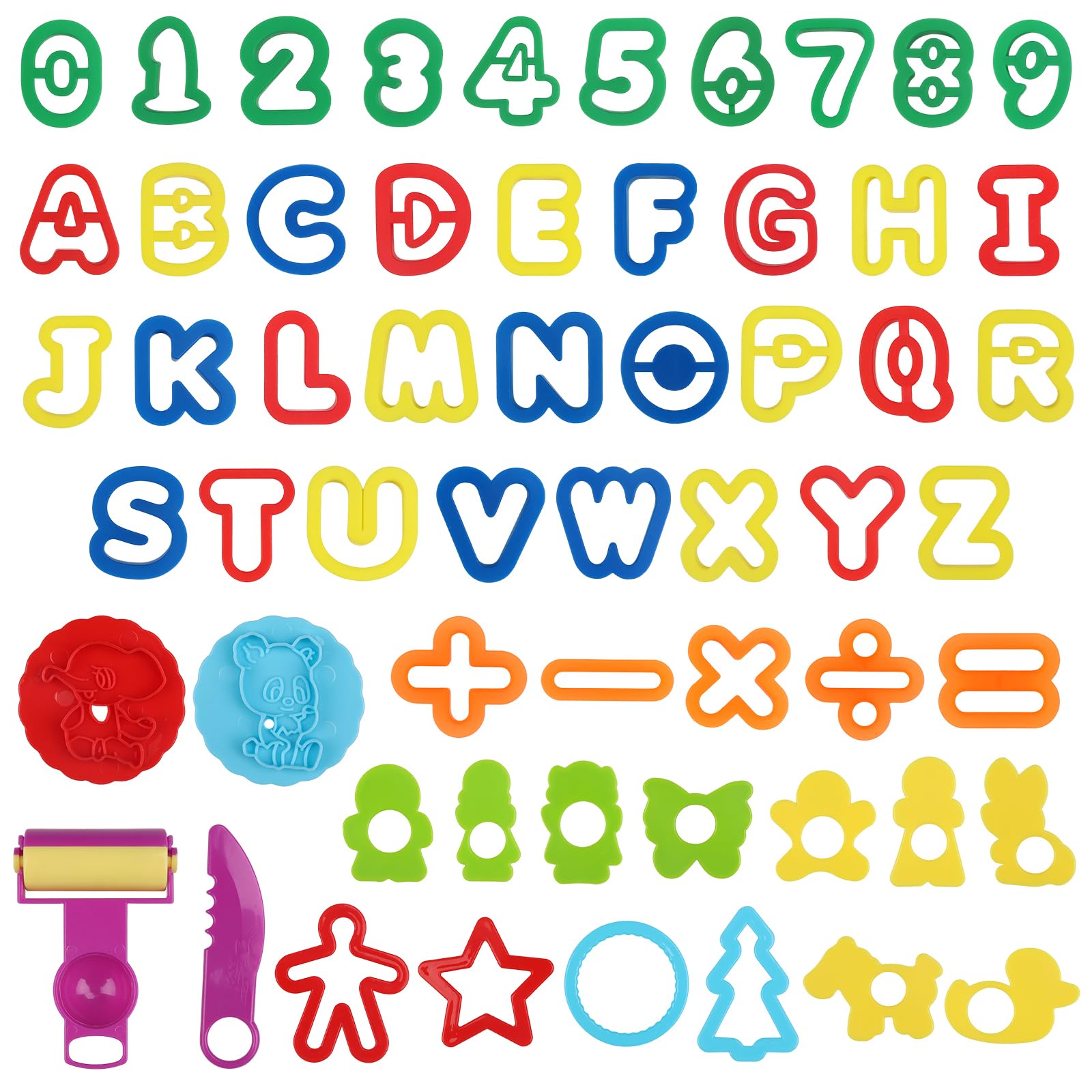 DOITEM Play Dough Tools Set for Kids Letter Molds,Numeral Molds Various Plastic Animal Molds for Creative Dough Cutting, 58 PCS