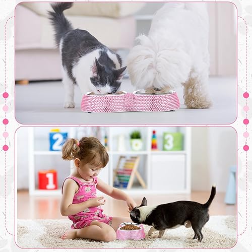 Miniatura 5 de Gerrii Juego de comedero para mascotas, cuencos de acero inoxidable rosa y collar brillante ajustable para perros y gatos (rosa, XS)