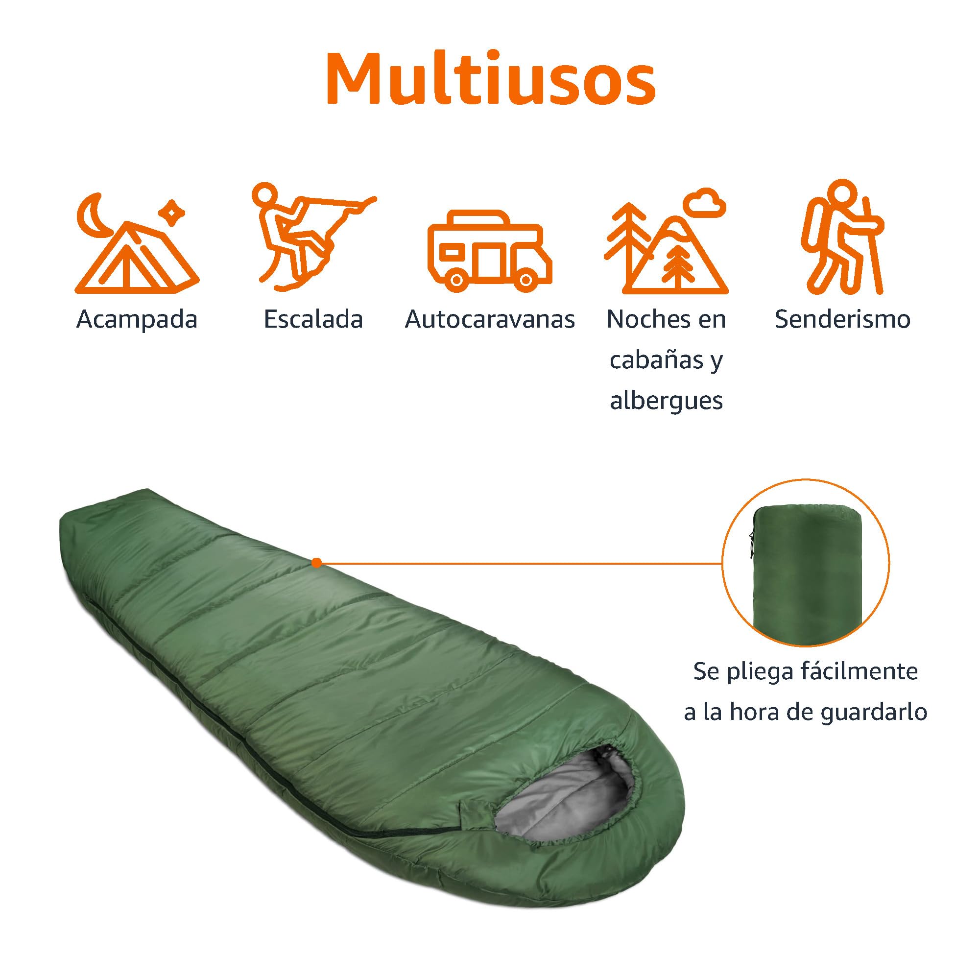 Amazon Basics Saco de Dormir, Acampada, Senderismo, Ligero, Clima frío, Verde Oliva, Tipo Momia, 83.8 x 208.3 cm