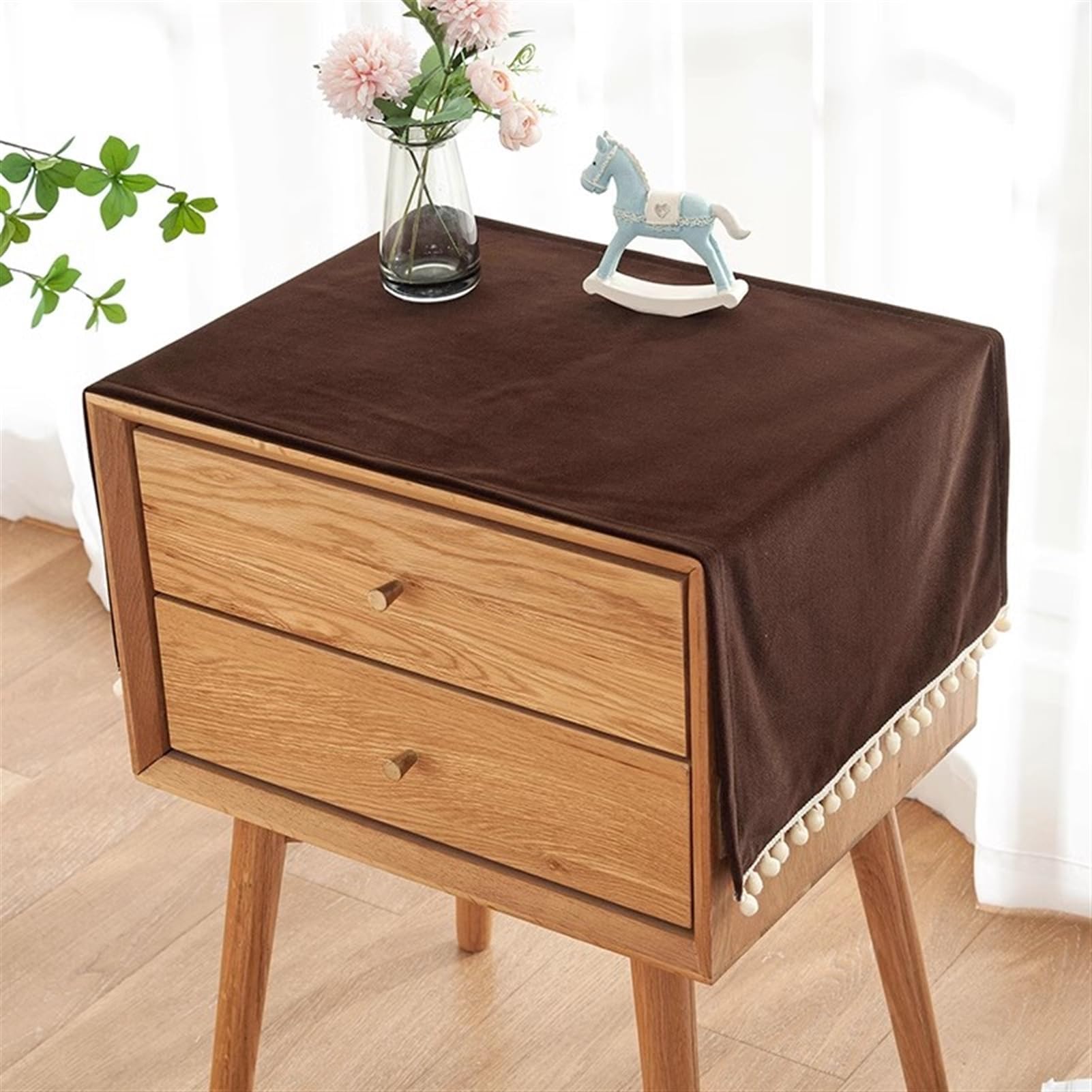 Bedside Tablecloth for Nightstand, Rectangle Tassel Table Cover Farmhouse Nightstand Mat Protector Refrigerator Dust Cover, Coffee, 18x35 Inch