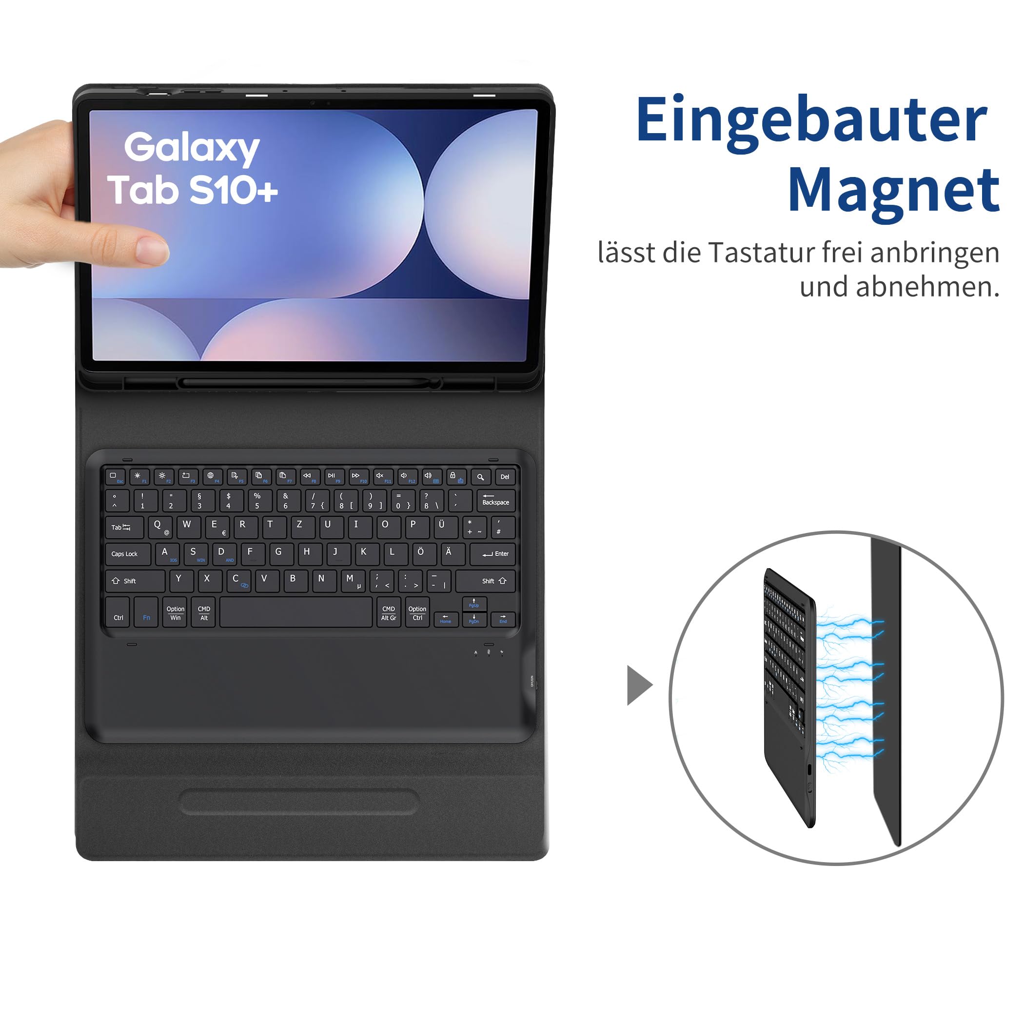 EasyAcc Custodia per tastiera compatibile con Samsung Galaxy Tab S9 FE+ / S9+ / S9 Plus / S10+ 12.4 pollici 2023/2024 con pellicola protettiva, QWERTZ Tedesco, custodia rimovibile con supporto per