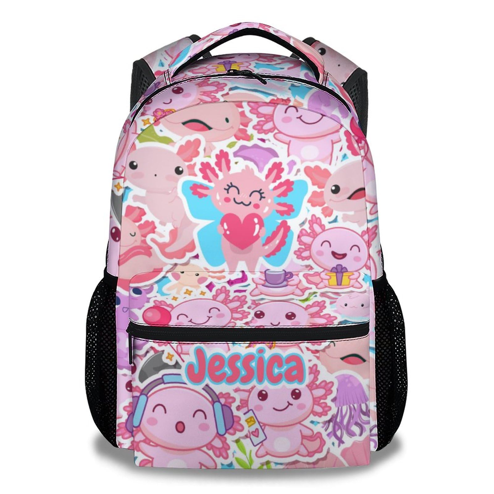 Custom Girls Backpack for School - Cute Axolotl Backpacks for Kids - Personalized Pink Large Capacity Lightweight Bookbag for Students - Name School