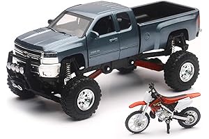 New-Ray Chevrolet 4x4 Gray Silverado Pickup Truck with Working Suspension and Honda Dirt Bike
