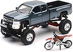 New-Ray Chevrolet 4x4 Gray Silverado Pickup Truck w/Working Suspension and Honda Dirt Bike