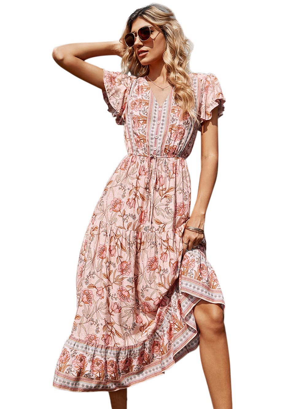 AOAOWomen Casual V-Neck Floral Print Strap High Waist Ruffle Short Sleeve Long Cocktail Dress