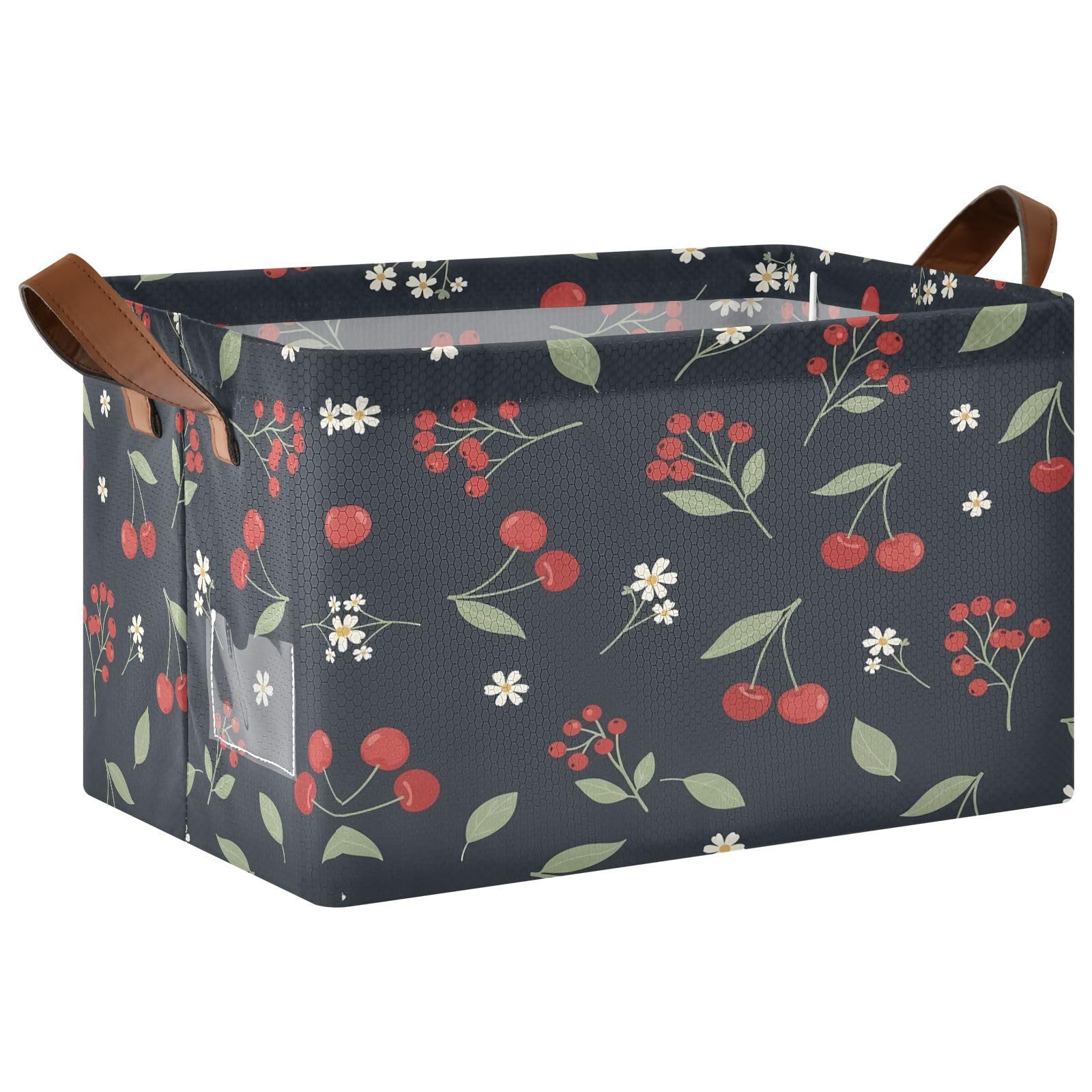Cgiub Navy Cherry Daisy Storage Basket Waterproof Foldable Storage Bin Baby Laundry Basket Closet Organiser for Nursery Decor Home Organizing