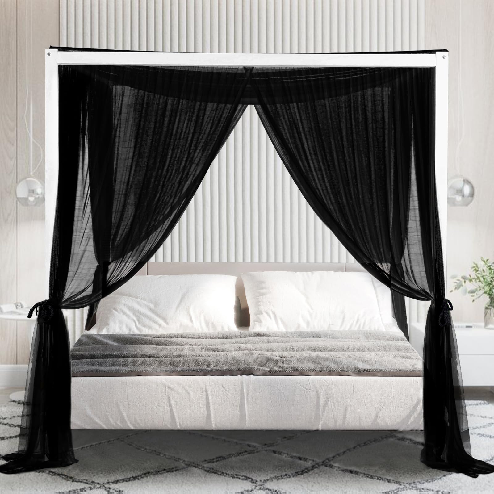 South To East Cortinas de cama con dosel negras de 4 esquinas para adultos, mosquitera para cama, cortinas de cama lujosas para decoración de habitación, poliéster irrompible, fáciles de instalar