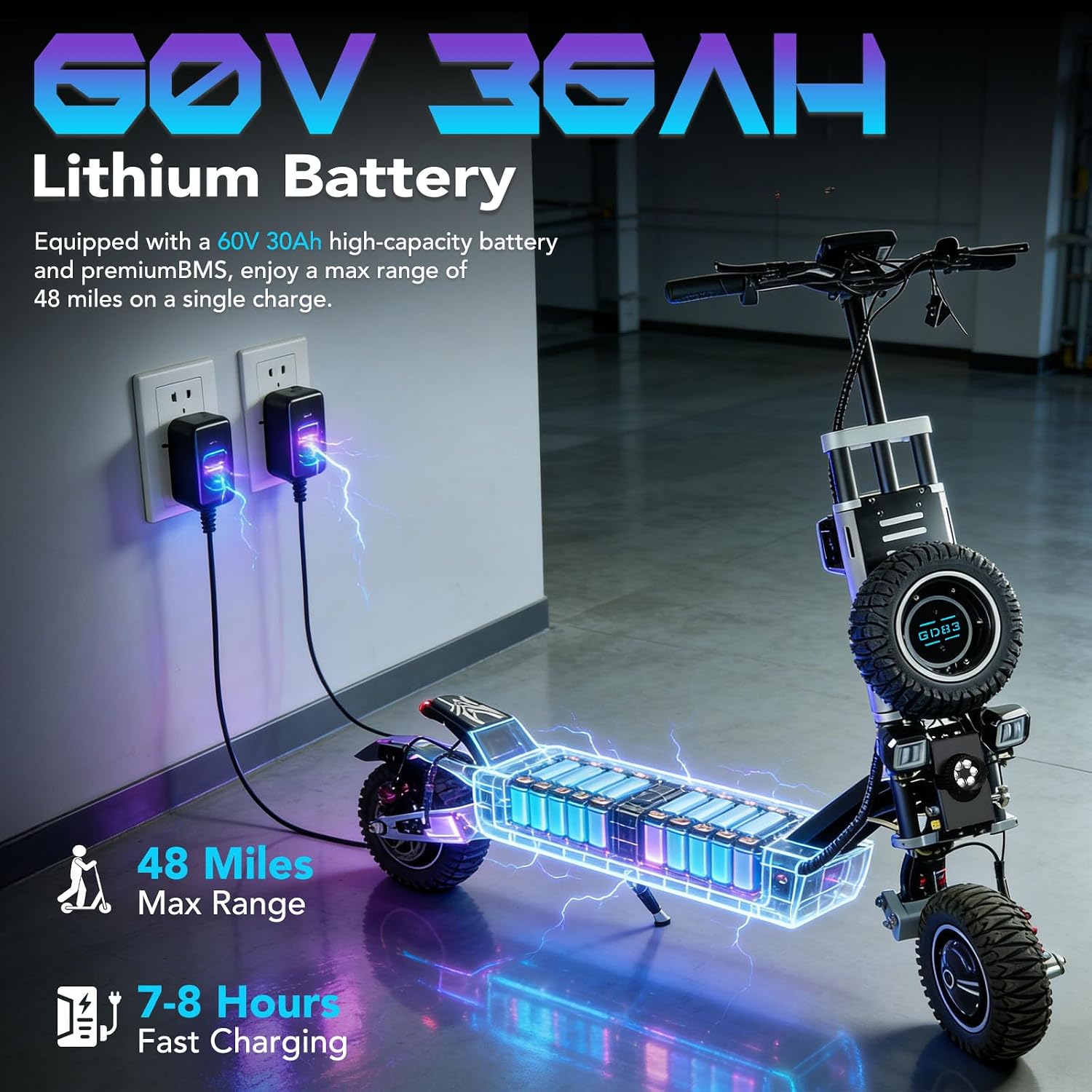 GD83 Off-Road Electric Scooter for Adults, 5600W Dual Motor, 60V 36Ah, Up to 50 MPH, 60 Miles Long Range, 11" Pneumatic Tires, Foldable Commuter E-Scooter