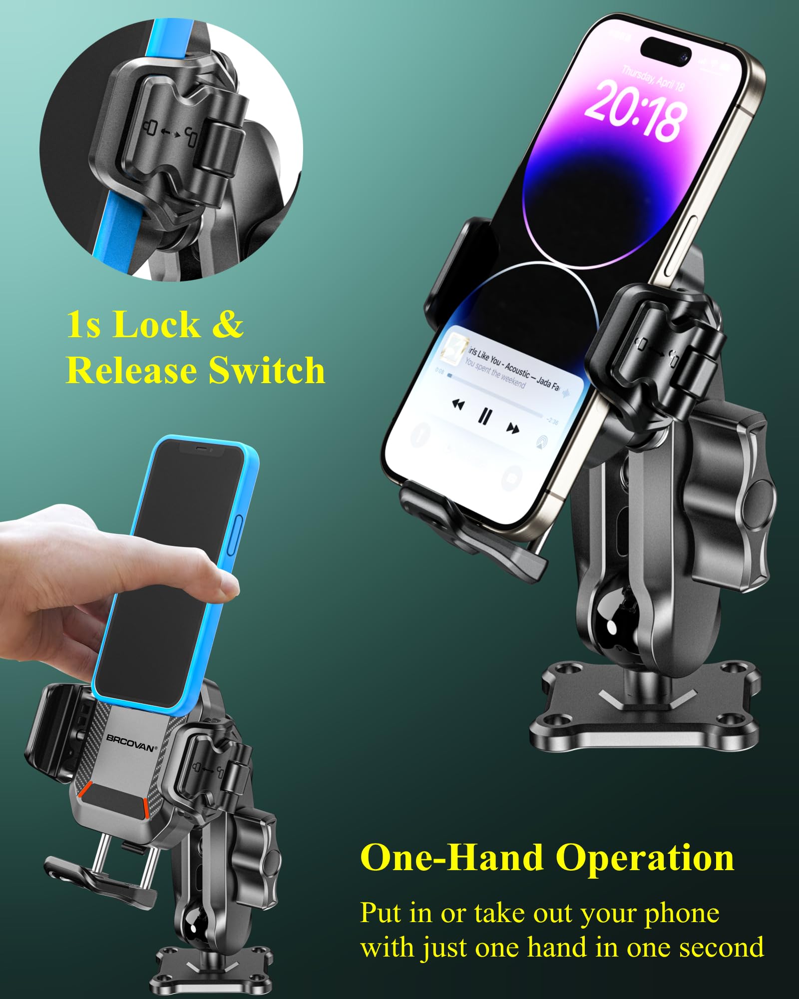 BRCOVAN Supporto antifurto per telefono con smorzatore di vibrazioni [blocco e rilascio 1s] [compatibile con fotocamera] con braccio medio in alluminio e base quadrata, per auto, barca, camion, moto