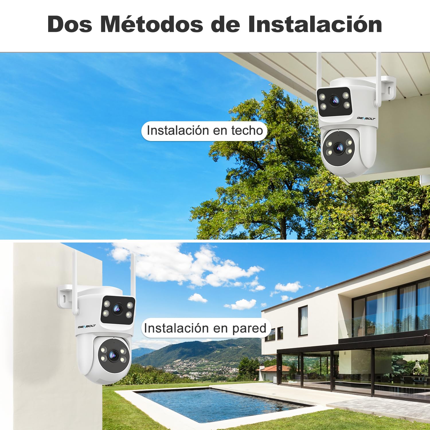GENBOLT PTZ Cámara Vigilancia WiFi Exterior Doble Lente | 2,4/5GHz, PoE, Grabación 24/7, CCTV Domicilio del Hogar, Visión Nocturna Color, Seguimiento Auto, Detección Humana