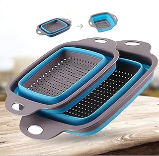 WEEYEE Panier de vidange Pliable en Silicone pour Cuisine, Panier de vidange carré, Panier filtrant Pliable télescopique pour Fruits et légumes (2 pièces (Grand + Petit) Bleu)