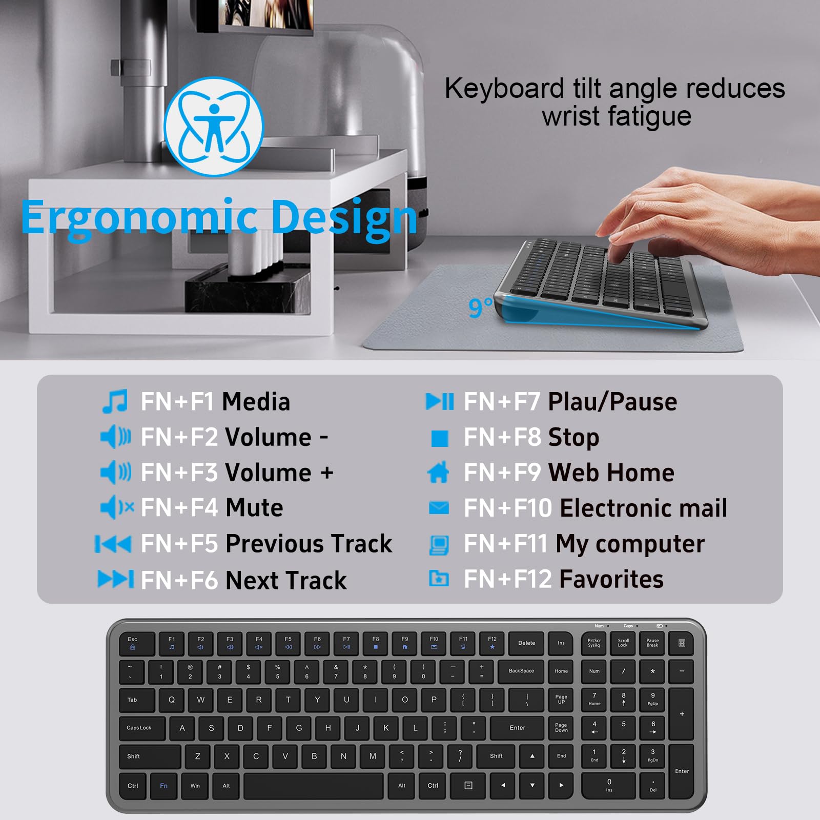 Leise Tastatur und Maus, kabellose Computertastatur in voller Größe mit Taschenrechner-Taste, 2400 DPI Maus, leises Klicken, ultradünnes kabelloses USB-Kit für Laptops, Windows, Mac, Grau