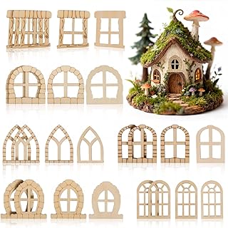HEMOTON 25pcs Unfinished Miniature Window and Door Set DIY Wooden Props for Fairy Garden Dollhouse and Home Decor Projects Craft Supplies for Miniature Enthusiasts