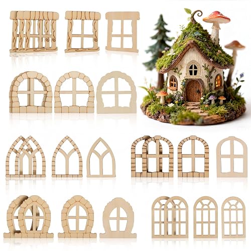 25 Pcs Unfinished Wood Fairy Door and Window Kit, Unpainted