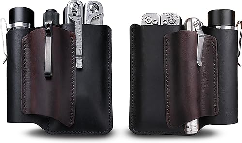 VIPERAED PJ38 Funda multiherramienta de cuero para hombres, 4 en 1, organizador de bolsillo EDC para cuchillo de bolsillo, linterna multiherramienta