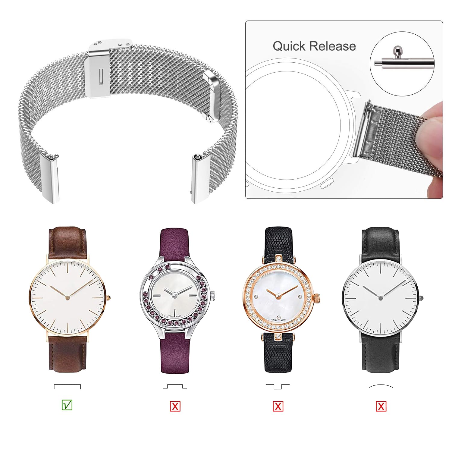 Pasek do zegarka z szybkim zapięciem, siatkowy tkany metalowy pasek do zegarka dla mężczyzn i kobiet, uniwersalny pasek do smartwatcha Fossil Watch i zegarków Seiko, podwójna klamra bezpieczeństwa