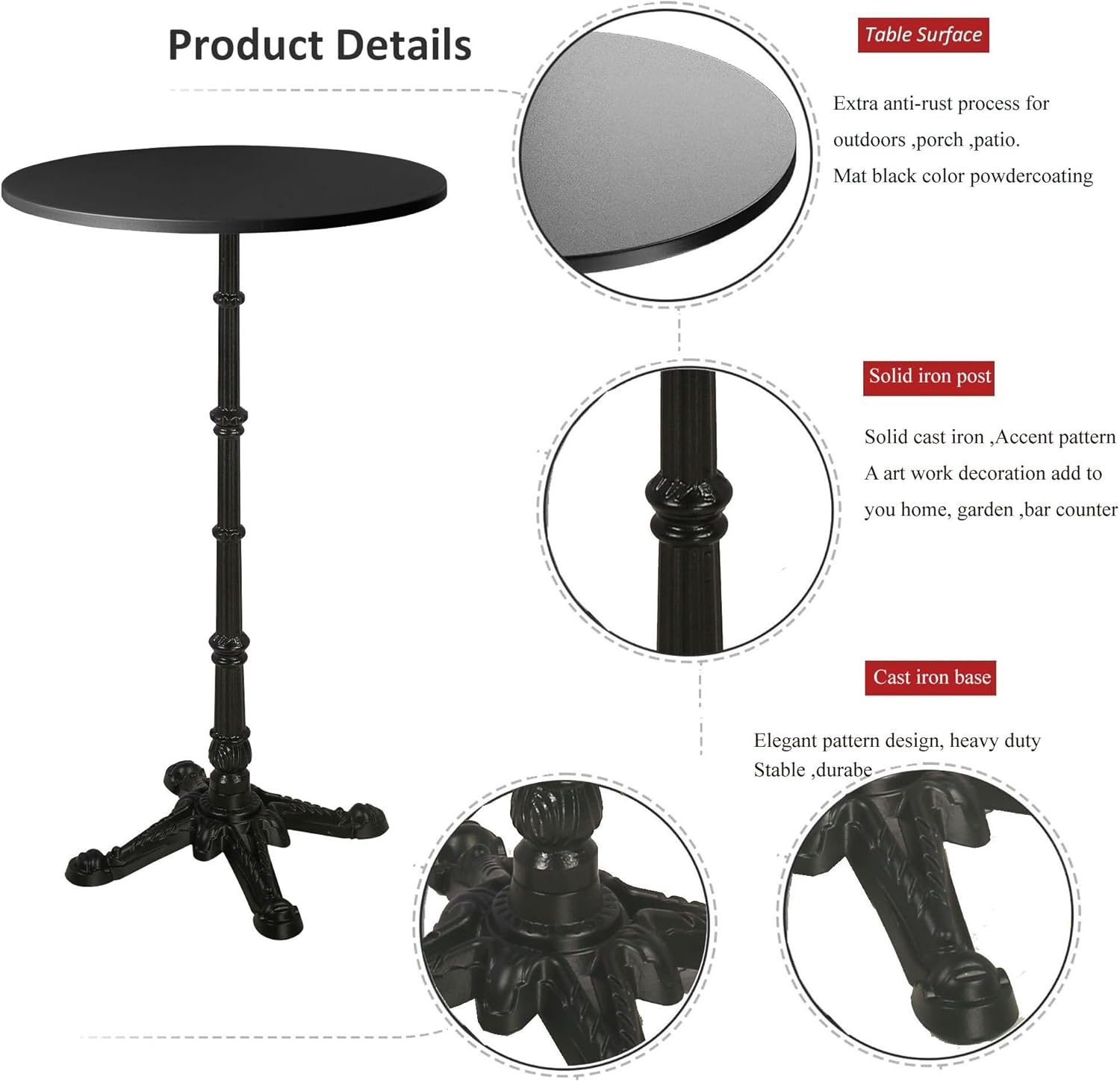 43.3" Tall Roman Column Table, Bar Height Standing Cocktail Bistro Pub Table, Heavy Duty Cast Iron Waterproof for Patio Backyard Garden Balcony Frontborch, Space-Saving