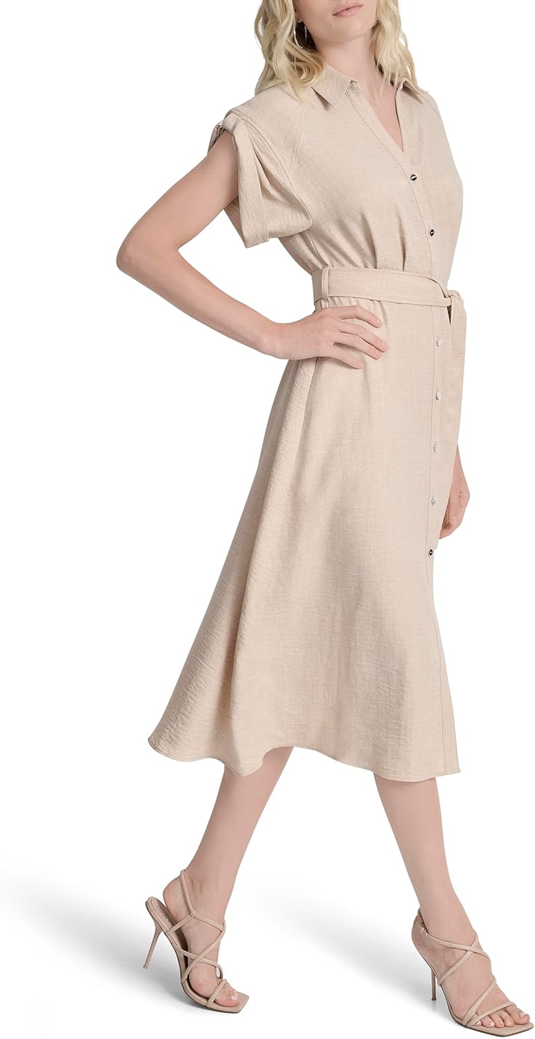 DKNY Womens Short Extended Sleeves Collared Neck Slit Pocket Dress with Removable Belt - Image 3
