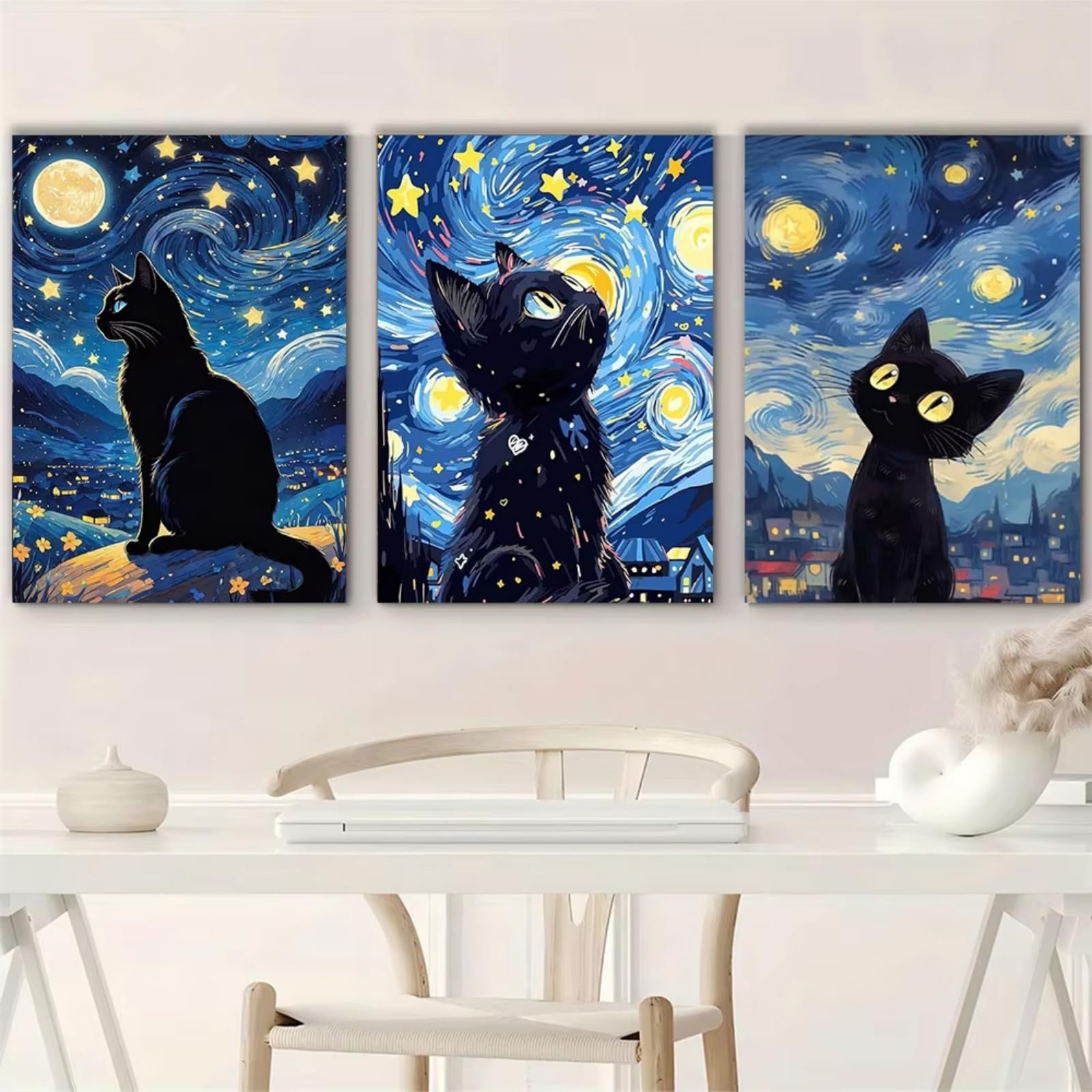 JORCEDI Black Cat Poster Set of 3, Impressionist Starry Night Sky Canvas Wall Art, Animal Decor, 21x30, 30x40, 40x50, 40x60, 50x70 cm, Unframed (50x70 cm,A)