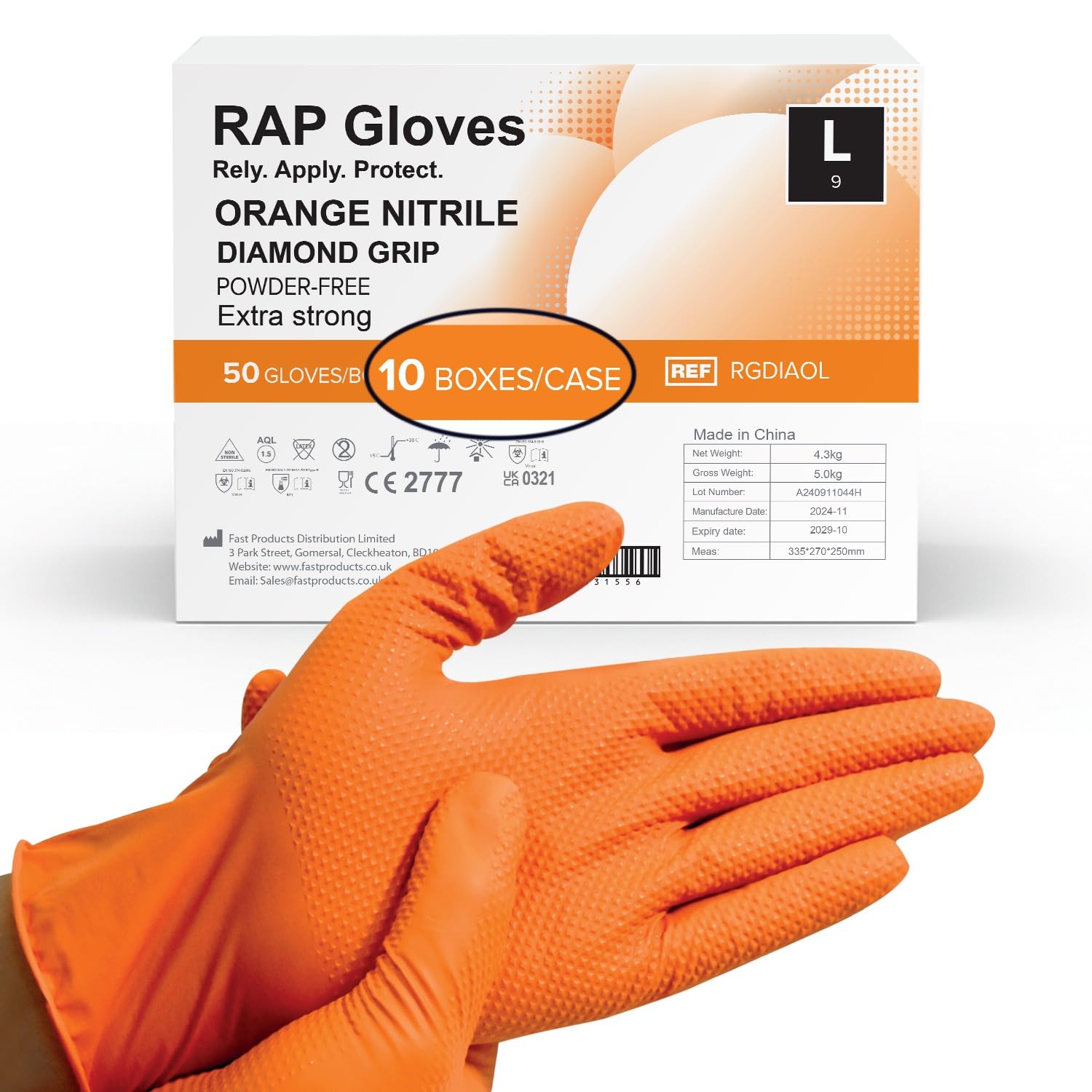 500 Orange Nitrile Disposable Gloves Large Heavy duty, Diamond Grip Gloves, Latex-Free, Powder-Free, Non-slip, Extra Thick – Ideal For Mechanics, Workshop, and Automotive use.