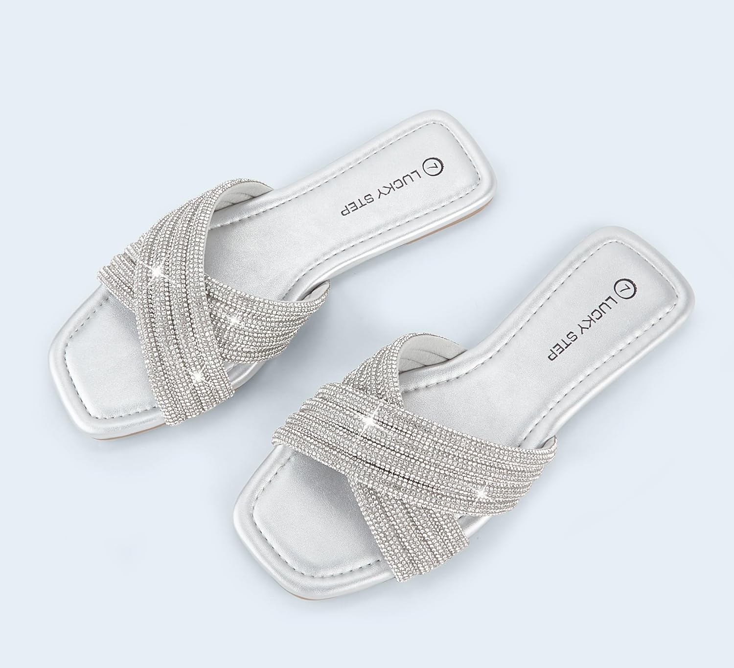 LUCKY STEP Women's Rhinestone Flat Sandals Open Toe Summer Glitter Bling Sparkle Dressy Slip on Outdoor Crossed Strap Slide - Image 6