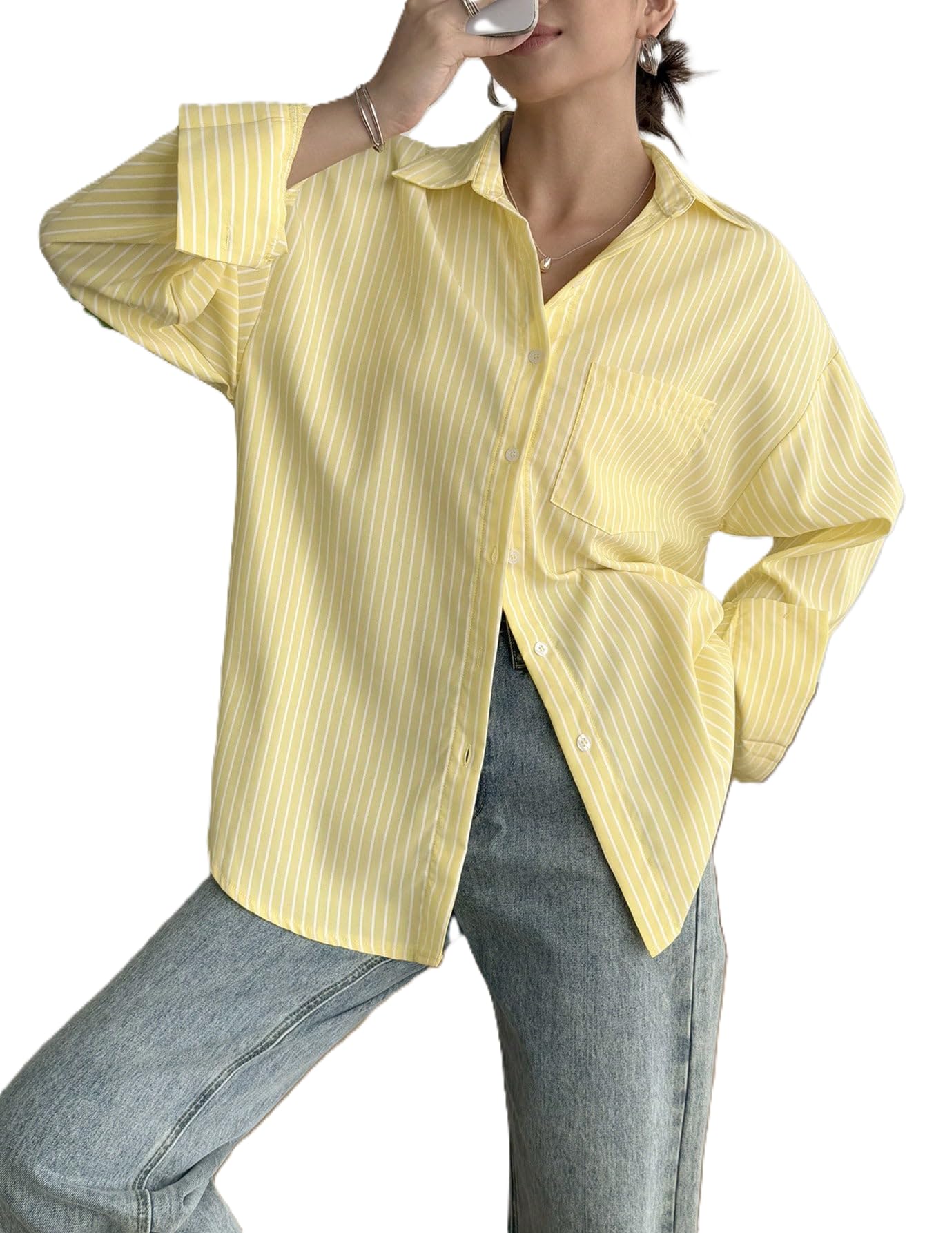 Berrylush Shirt for Women | Casual Button Down Long Sleeve Blouse | Oversized Striped Loose Fit Cotton Top with Pocket | Trendy Collar Aesthetics & Streetwear Tunics(33-S-1-4) in neutral