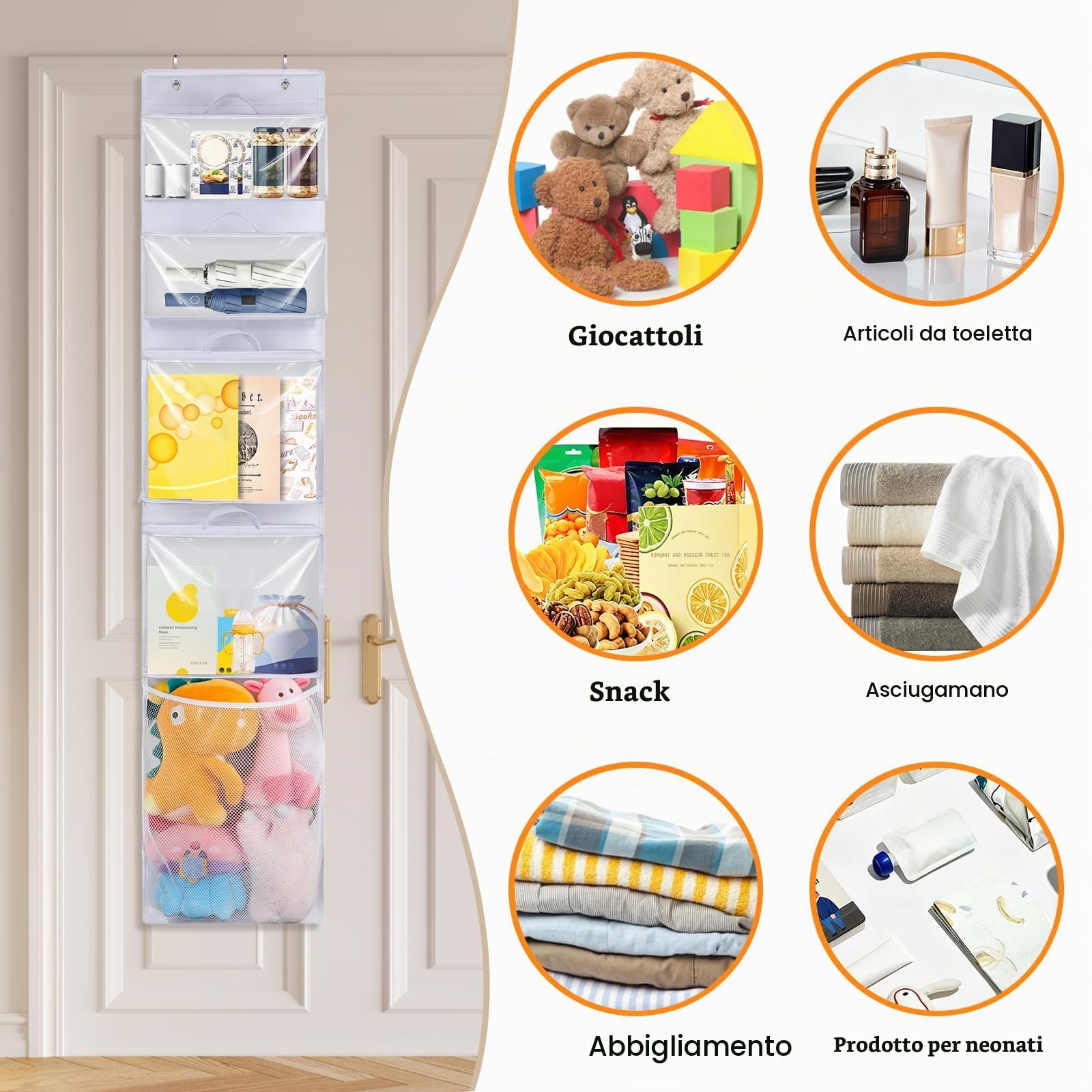 Woodoulogy Appesi il deposito dei giocattoli alla porta, Idea con 4 Case Bag rimovibili, due volte il portaoggetti con tasca di rete