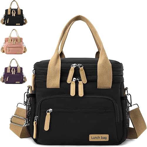 Expandable Lunch Bag for Adults, 16L Insulated Double Layer Lunch Box, Leak-Proof Cooler Lunch Bag with Multi Pockets, Waterproof Reusable Lunch Tote for Work Office Picnic Travel (Black)