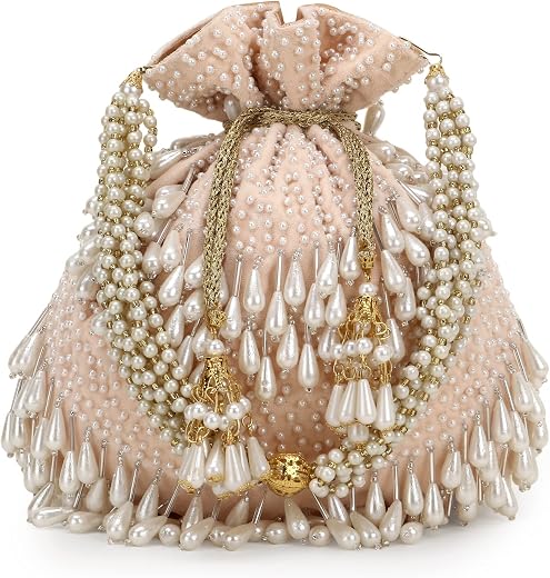 Anekaant Droop Pearl Embellished Velvet Potli Bag for Women | Perfect For Wedding & Festive Purse