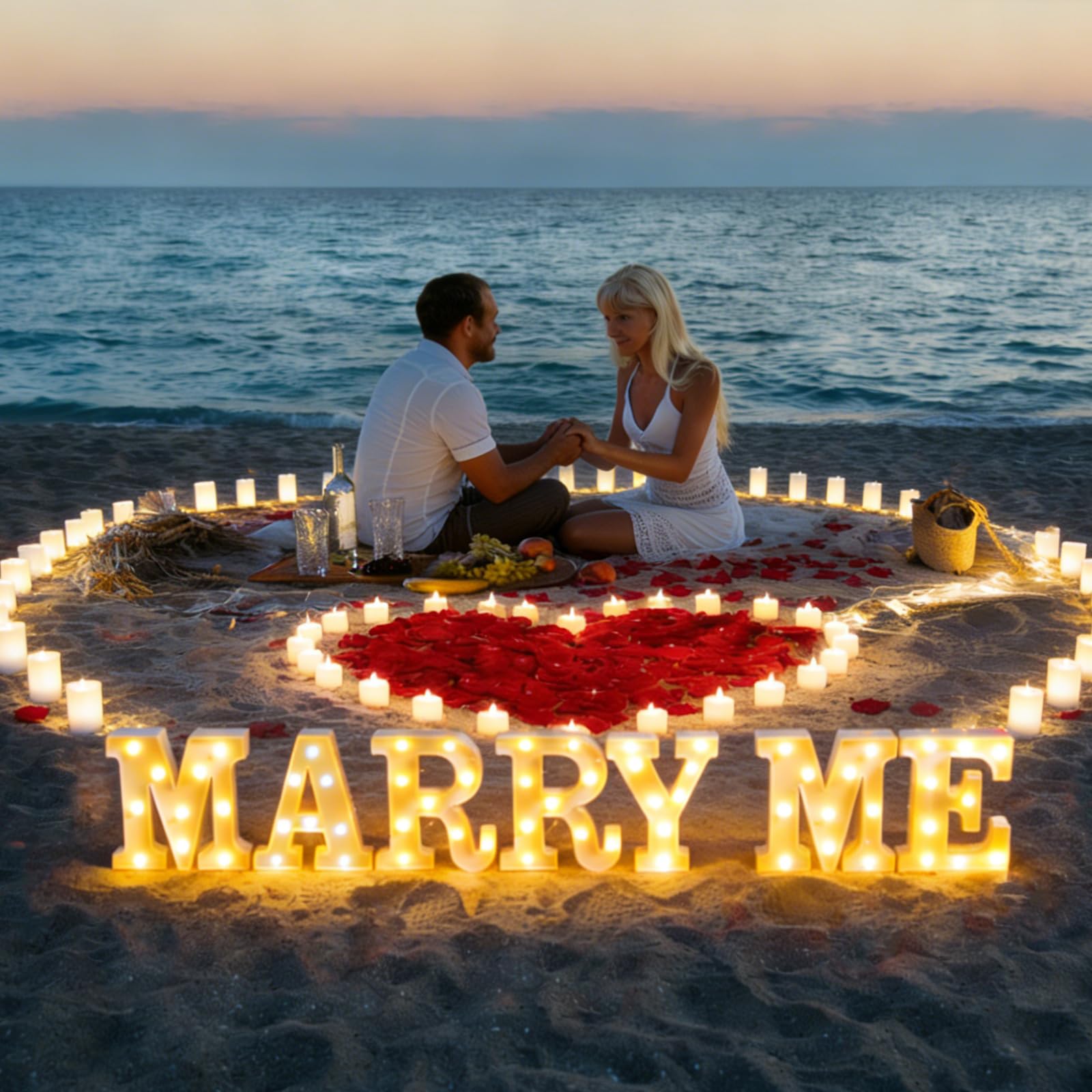 Marry Me Leuchtbuchstaben mit 2000 Künstlichen Rosenblüten,MARRY ME-Schild mit 24 flammenlosen Herzkerzen, LED Buchstabenlicht für Außenbereich Heiratsantrag Dekoration (MARRY ME)