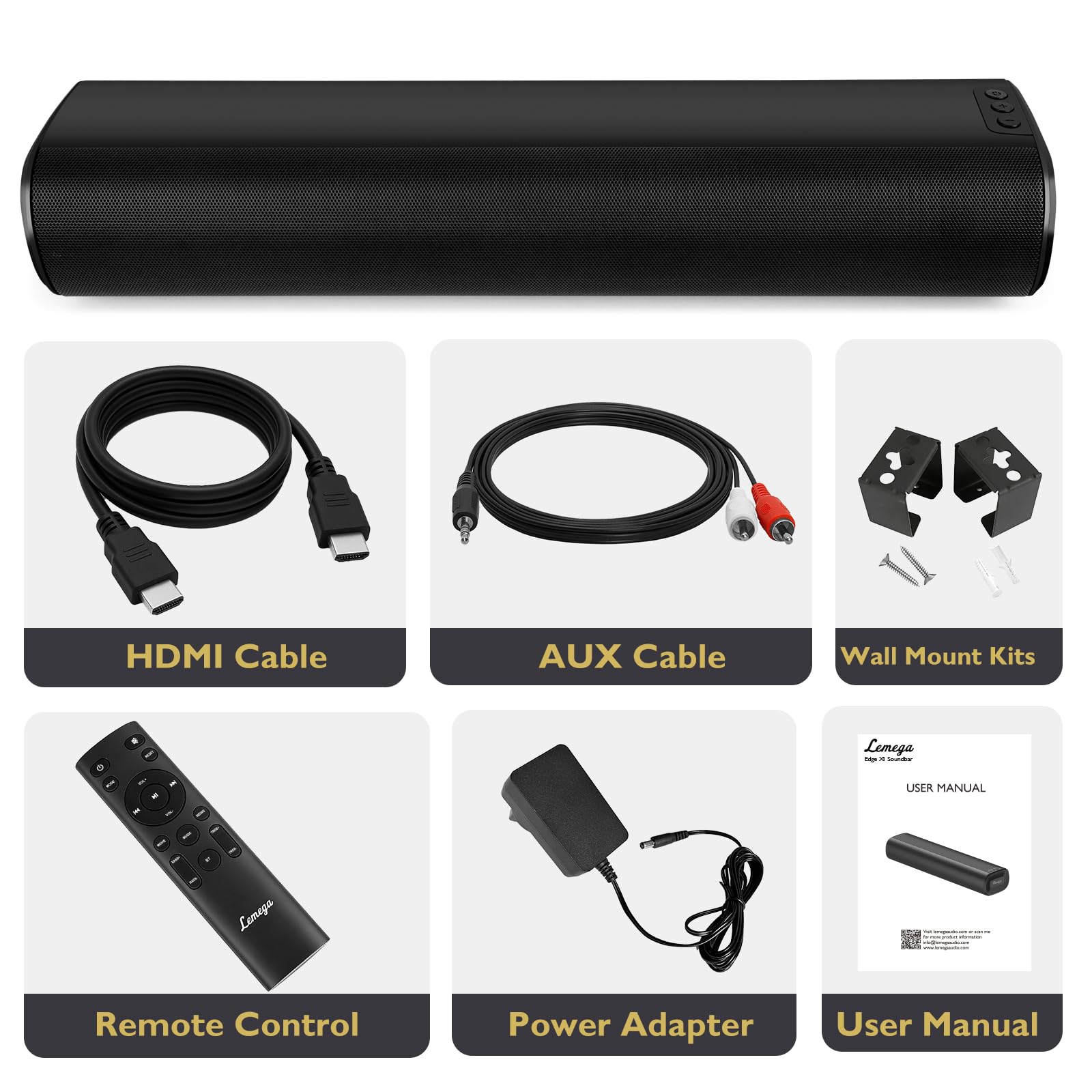 LEMEGA Edge X 2.0 - Barra de sonido para TV con HDMI ARC, altavoz potente de 50 W RMS, transmisión Bluetooth, óptica, AUX y USB, barra de sonido compacta de montaje en pared para juegos y más