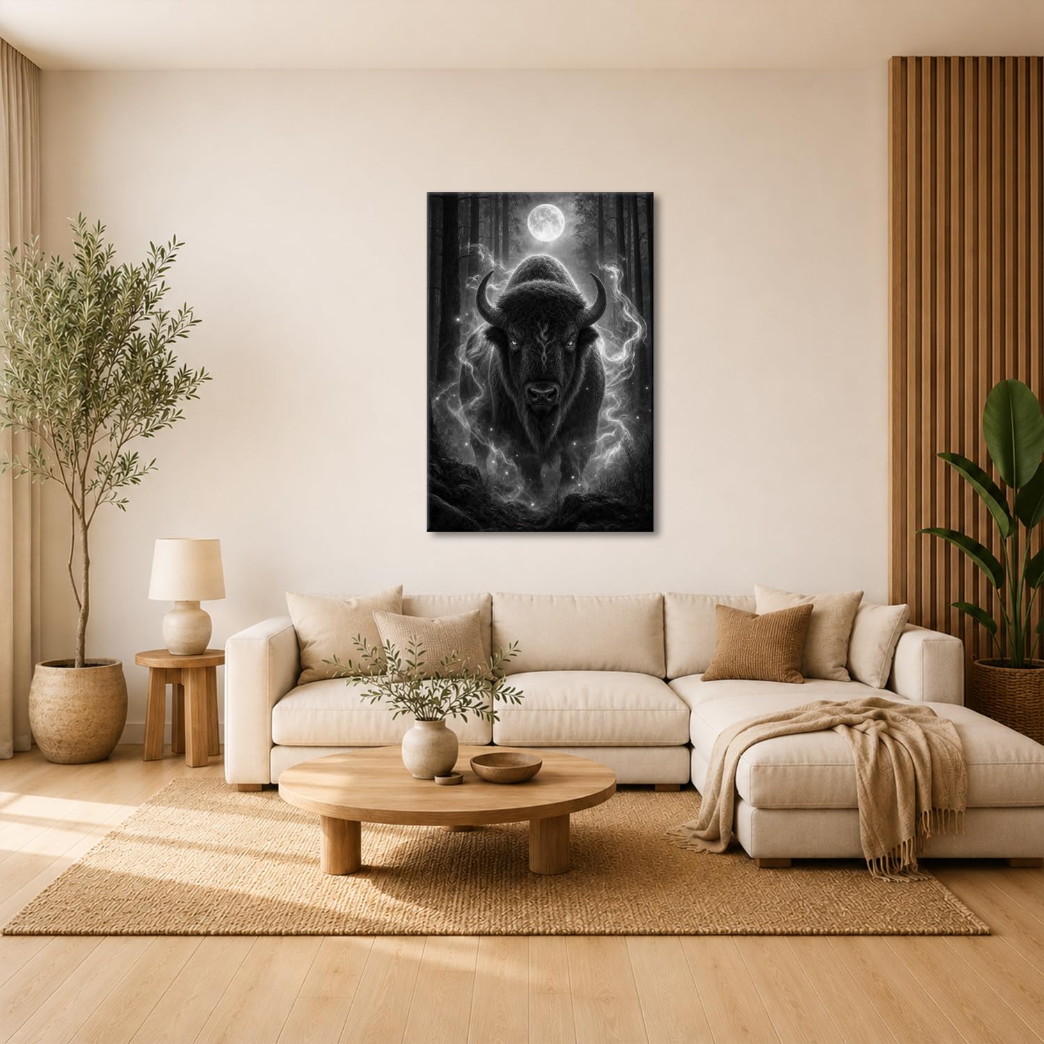 Obraz na płótnie Bison ze świecącymi oczami w pełni księżyca 80 x 60 cm czarno-biały