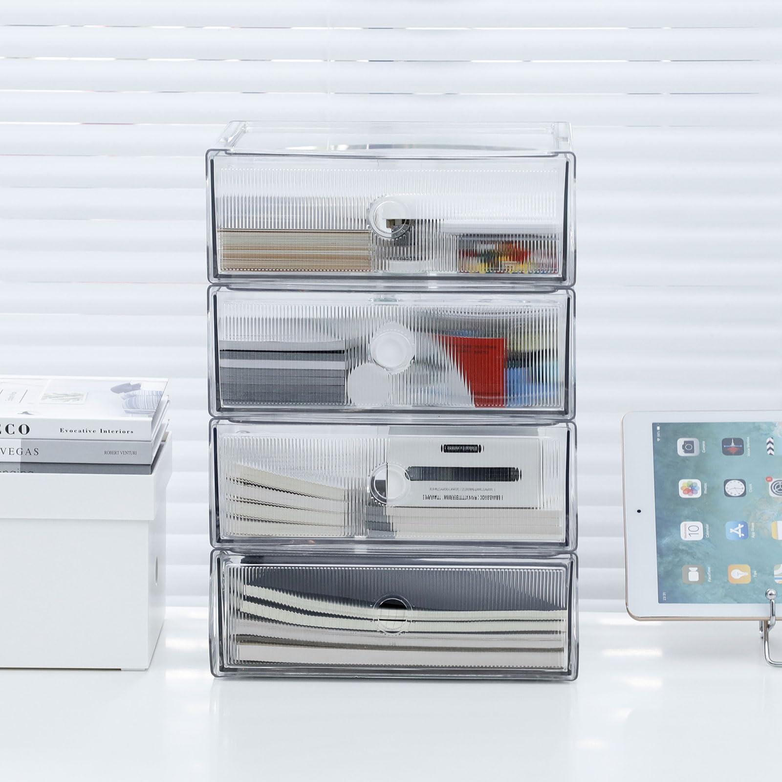 Organizzatori trasparenti per cassetti da scrivania, 4 cassetti, in plastica | Organizer da scrivania impilabile e accessori, per pennarelli, matite, cancelleria, per casa, ufficio, bagno, cucina