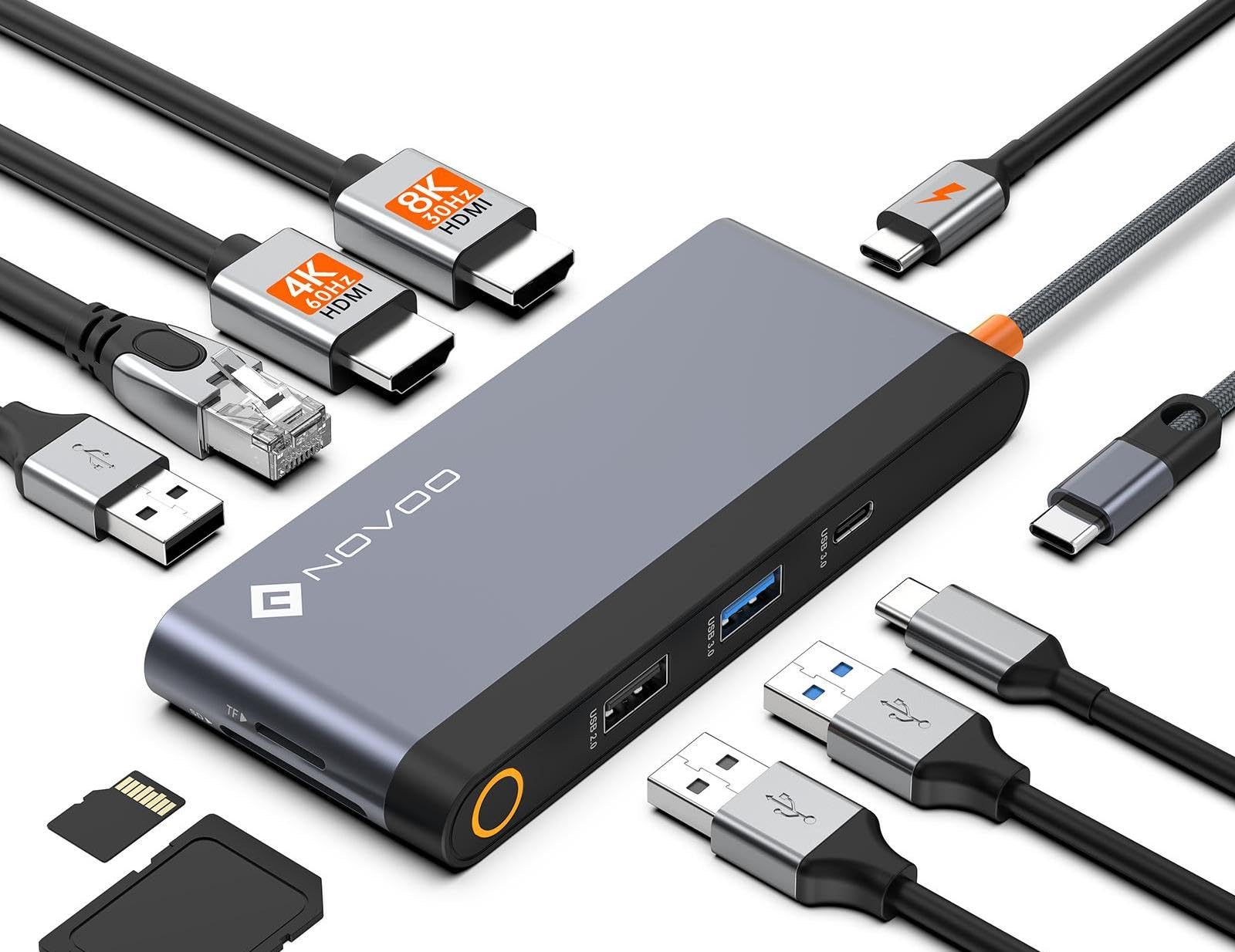 NOVOO Docking Station Dual HDMI USB C Hub 2 HDMI 8K@30Hz/4K@60Hz, Gigabit Ethernet, 4X USB C/USB A Ports, PD 100W Schnellladen, SD/TF Kartenleser für MacBook Dell Surface HP(40cm Kabel)