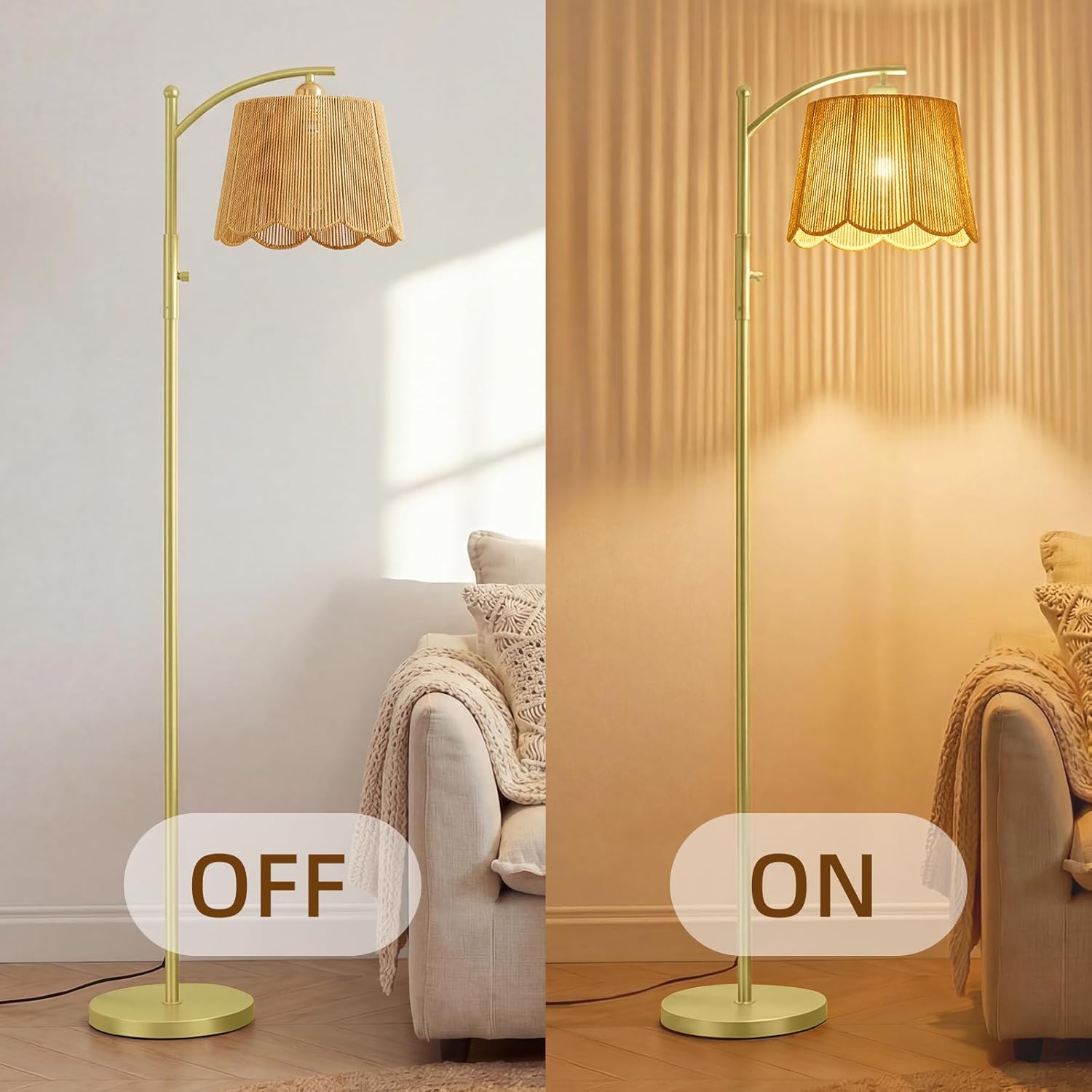 Arc Floor Lamps for Living Room with Hand-Woven Wicker Shade, Tall Standing Lamp with 7W LED Bulb & Dimmable knob, Rattan Boho Floor Lamp, Gold Floor Lamp for Bedroom Corner Nursery
