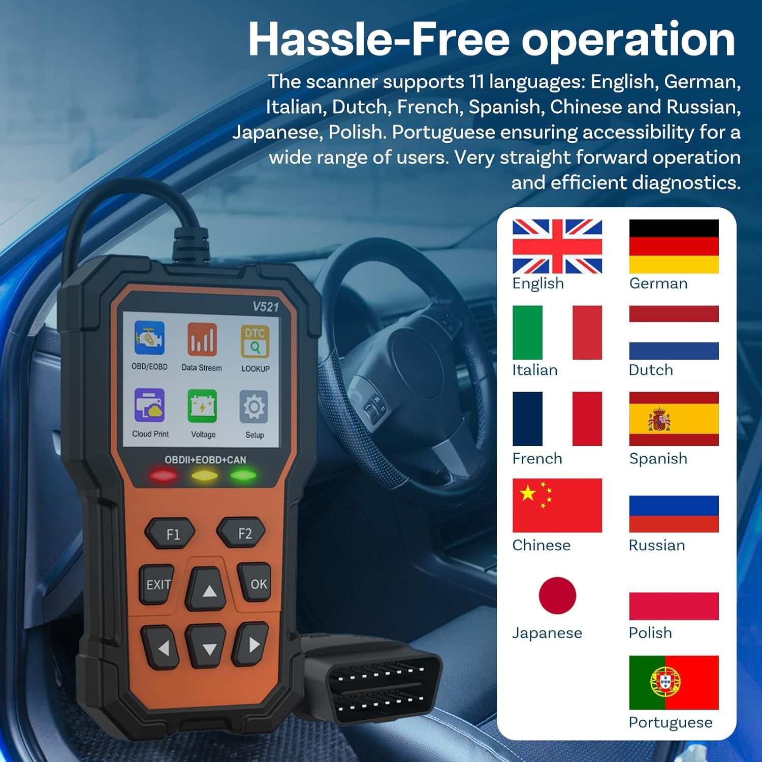 V521 OBD2 Diagnosi per Auto Professionale Lettore Cancellazione Codici Errore Spia Motore Ricerca DTC, Dati in Tempo Reale Strumento Diagnostico OBDII/EOBD per Veicoli Rispettano i Protocolli OBD2
