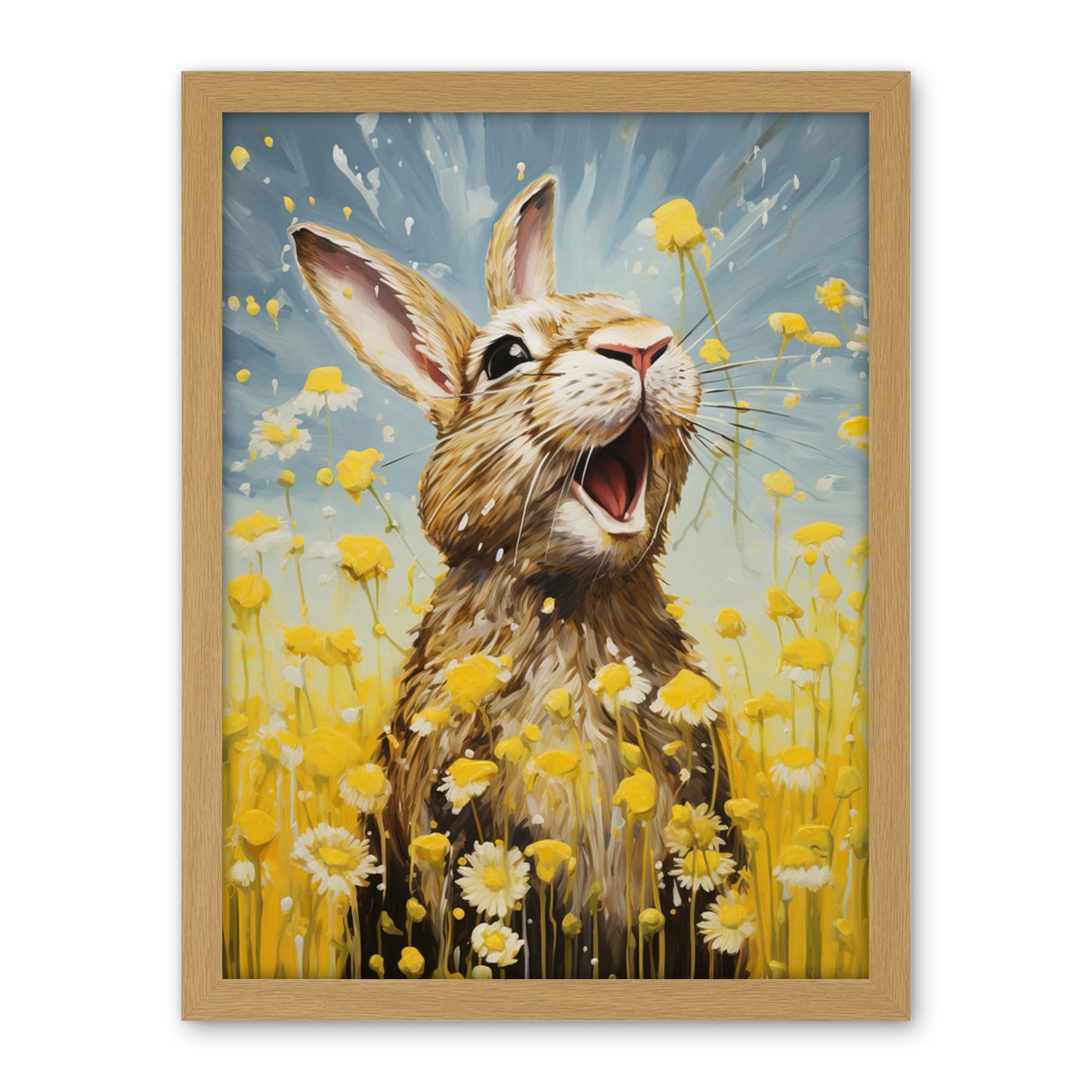 Artery8 The Happy Bunny Rabbit Playing in a Field of Daisies Vibrant Oil Painting Kids Bedroom Blue Yellow Bright Summer Meadow Artwork Framed Wall Art Print 18X24 Inch
